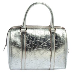 Dior Metallic Silber Schrägstrich Monogramm Leder Boston Tasche