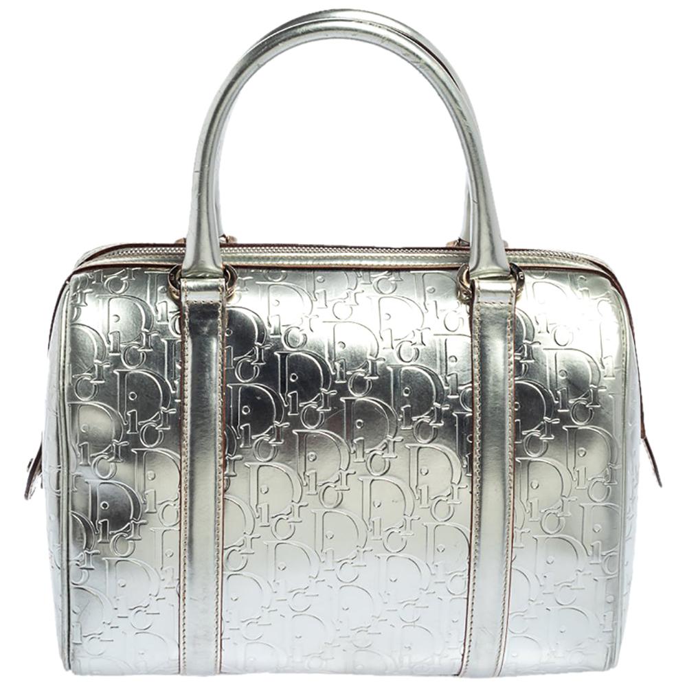 Dior Metallic Silver Oblique Monogram Leather Boston Bag