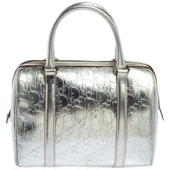 Dior Metallic Silber Schrägstrich Monogramm Leder Boston Tasche