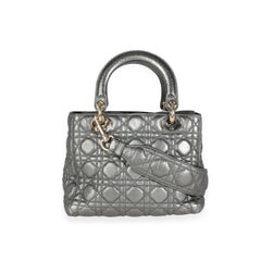 Dior Metallic Silver Supple Cannage Leather Medium Lady Dior Tote