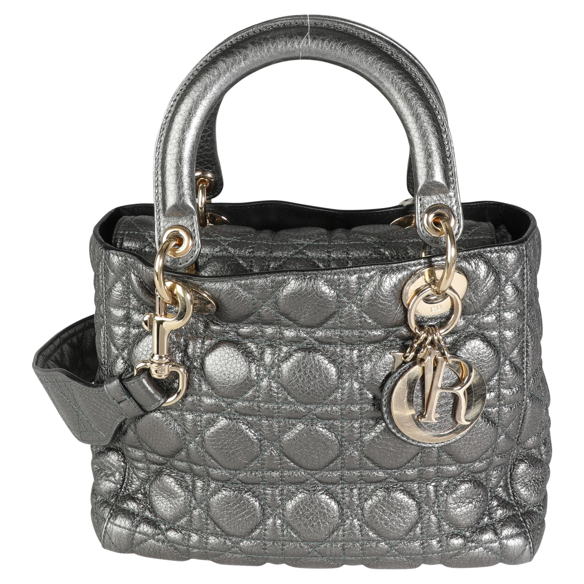 Dior Metallic Silver Supple Cannage Leather Medium Lady Dior Tote For Sale