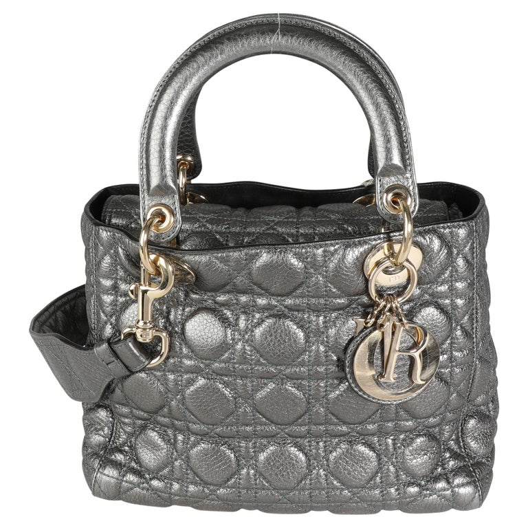Dior Metallic Silber Supple Cannage Leder Medium Lady Dior Tote im