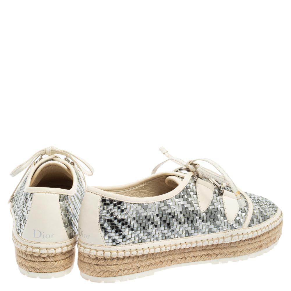 Beige Dior Metallic Silver/White Woven Leather Espadrille Low Top Sneakers Size 39.5