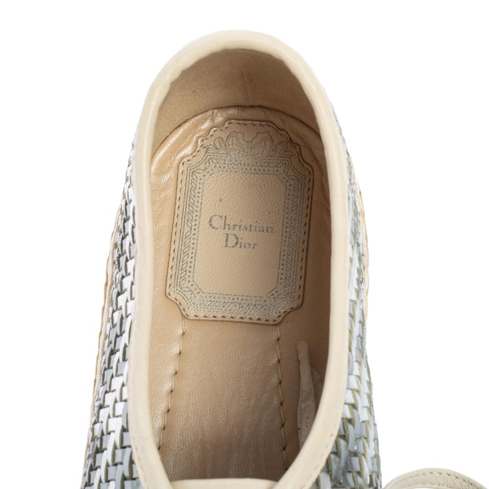 Women's Dior Metallic Silver/White Woven Leather Espadrille Low Top Sneakers Size 39.5