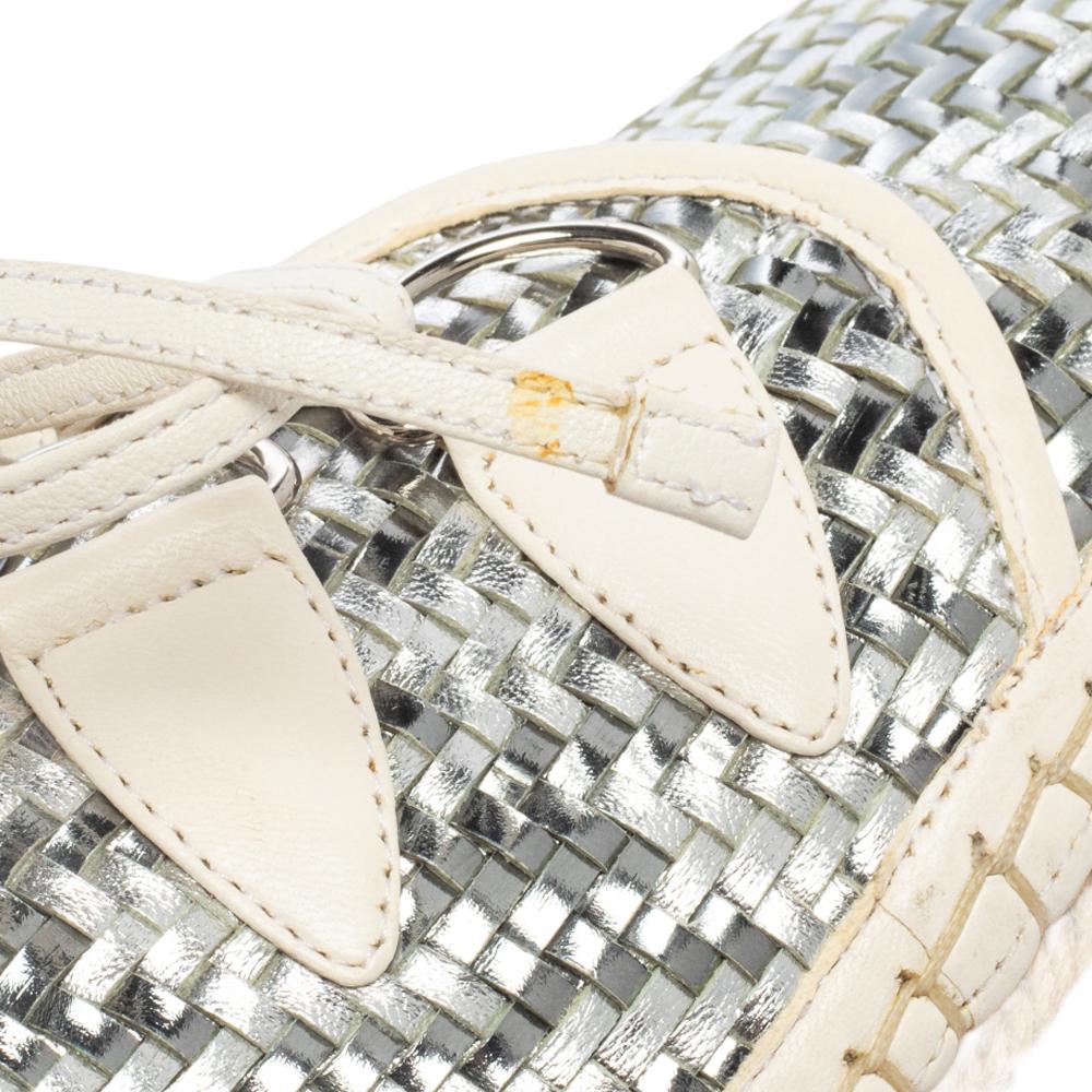 Dior Metallic Silver/White Woven Leather Espadrille Low Top Sneakers Size 39.5 1