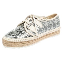 Dior Metallic Silver/White Woven Leather Espadrille Low Top Sneakers Size 39.5