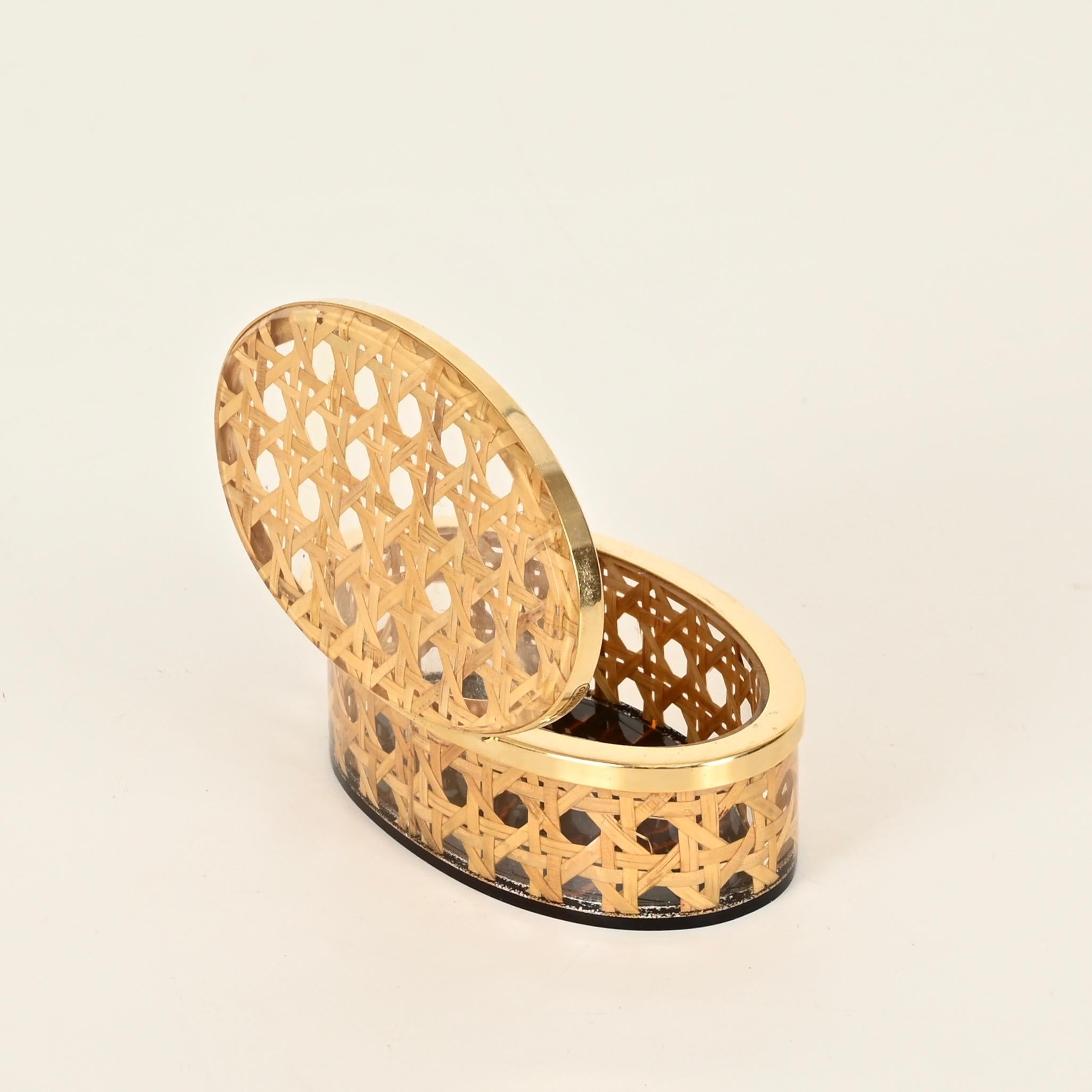 Dior Midcentury Brass, Lucite and Vienna Straw Decorative Oval Box, Italy 1970 For Sale 3