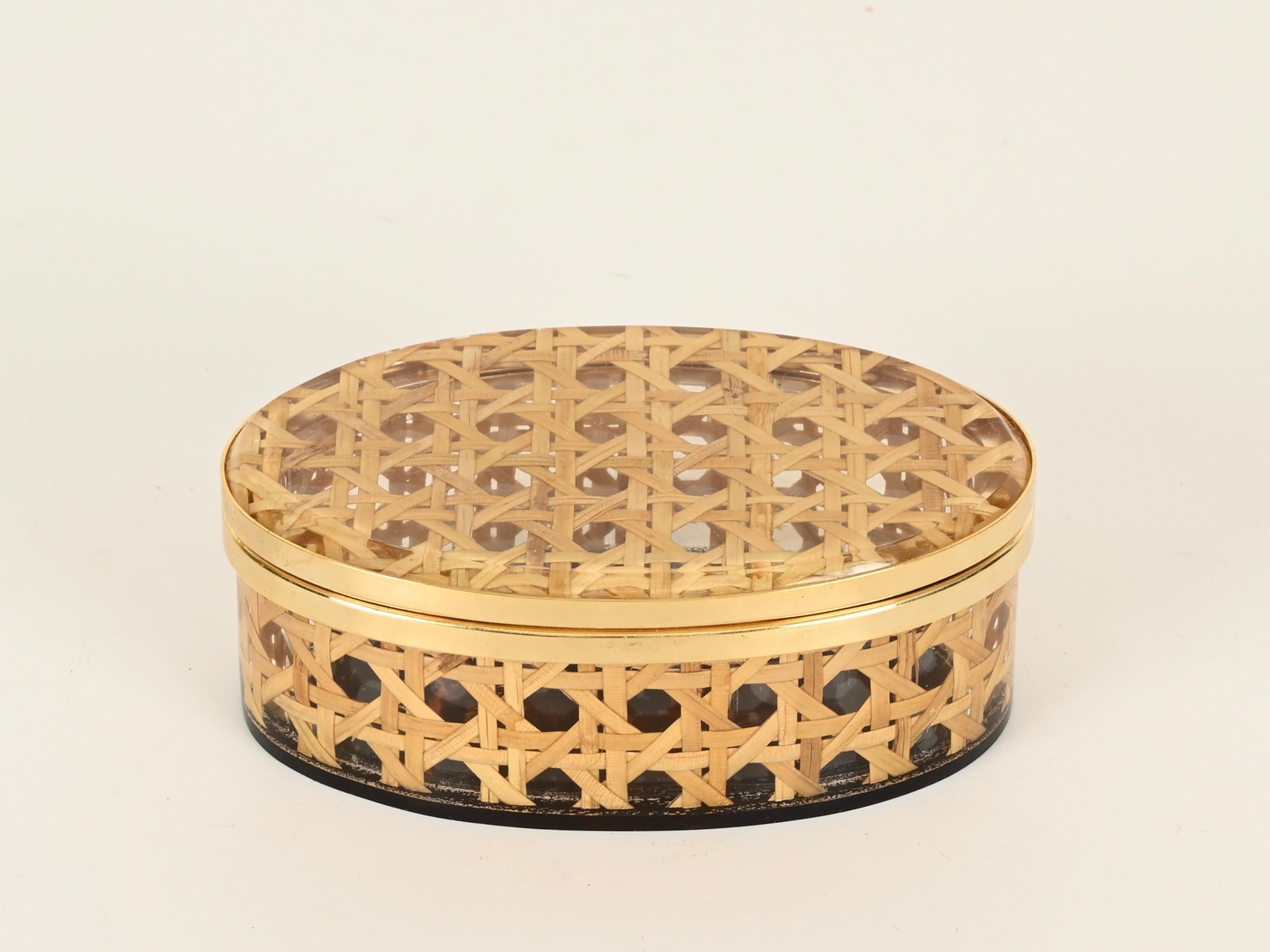 Mid-Century Modern Dior Midcentury Brass, Lucite and Vienna Straw Decorative Oval Box, Italy 1970 For Sale