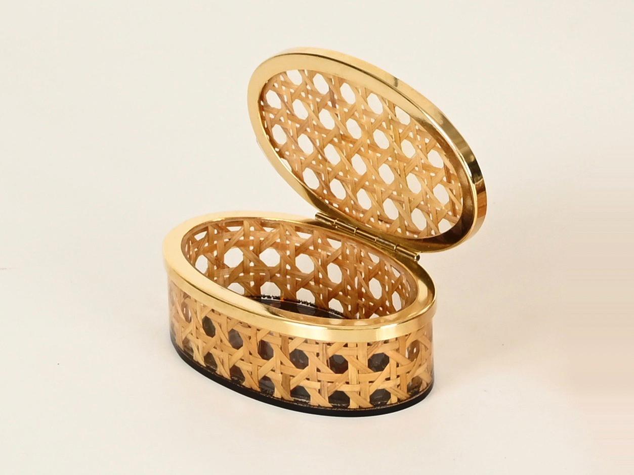 Dior Midcentury Brass, Lucite and Vienna Straw Decorative Oval Box, Italy 1970 For Sale 1