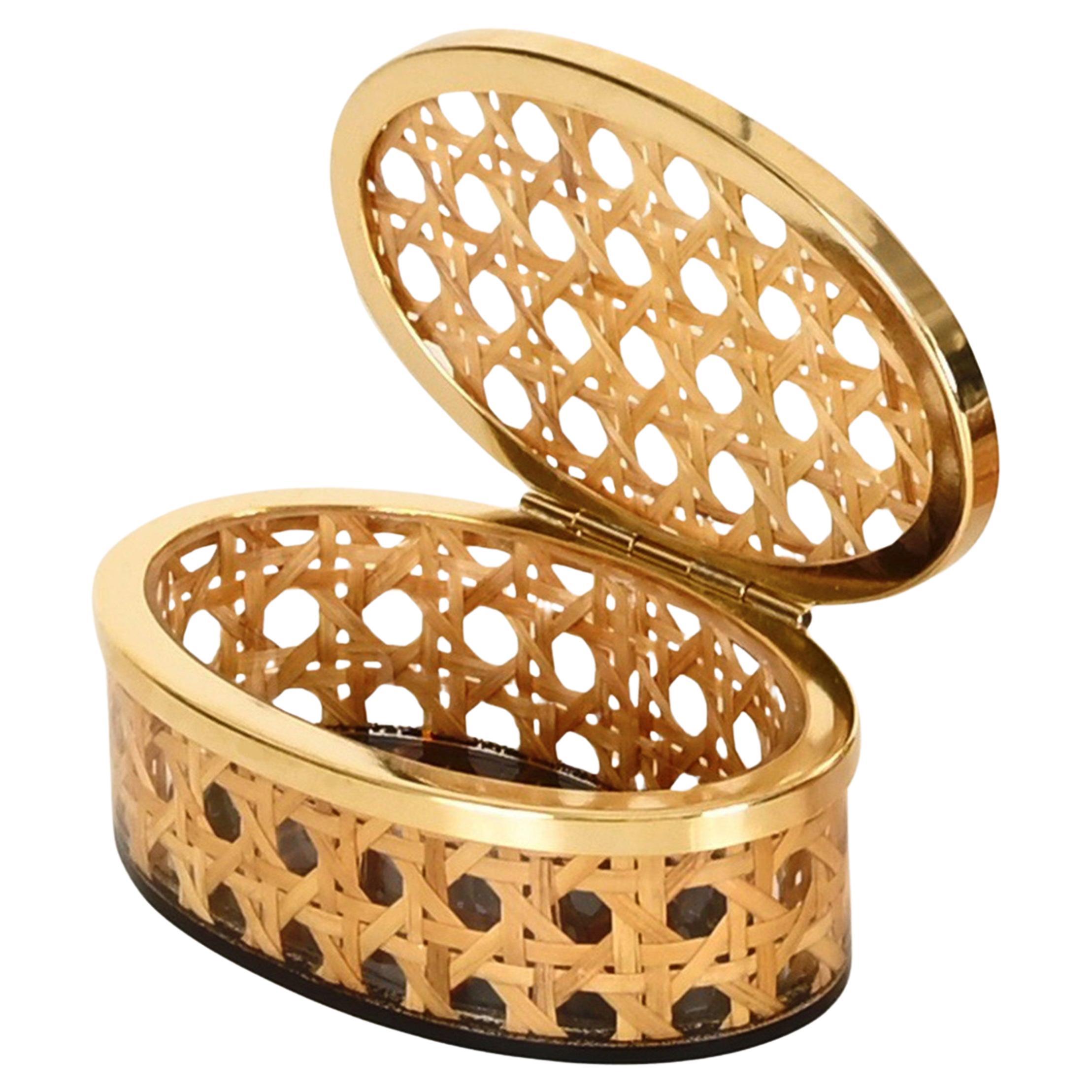 Dior Midcentury Brass, Lucite and Vienna Straw Decorative Oval Box, Italy 1970 For Sale
