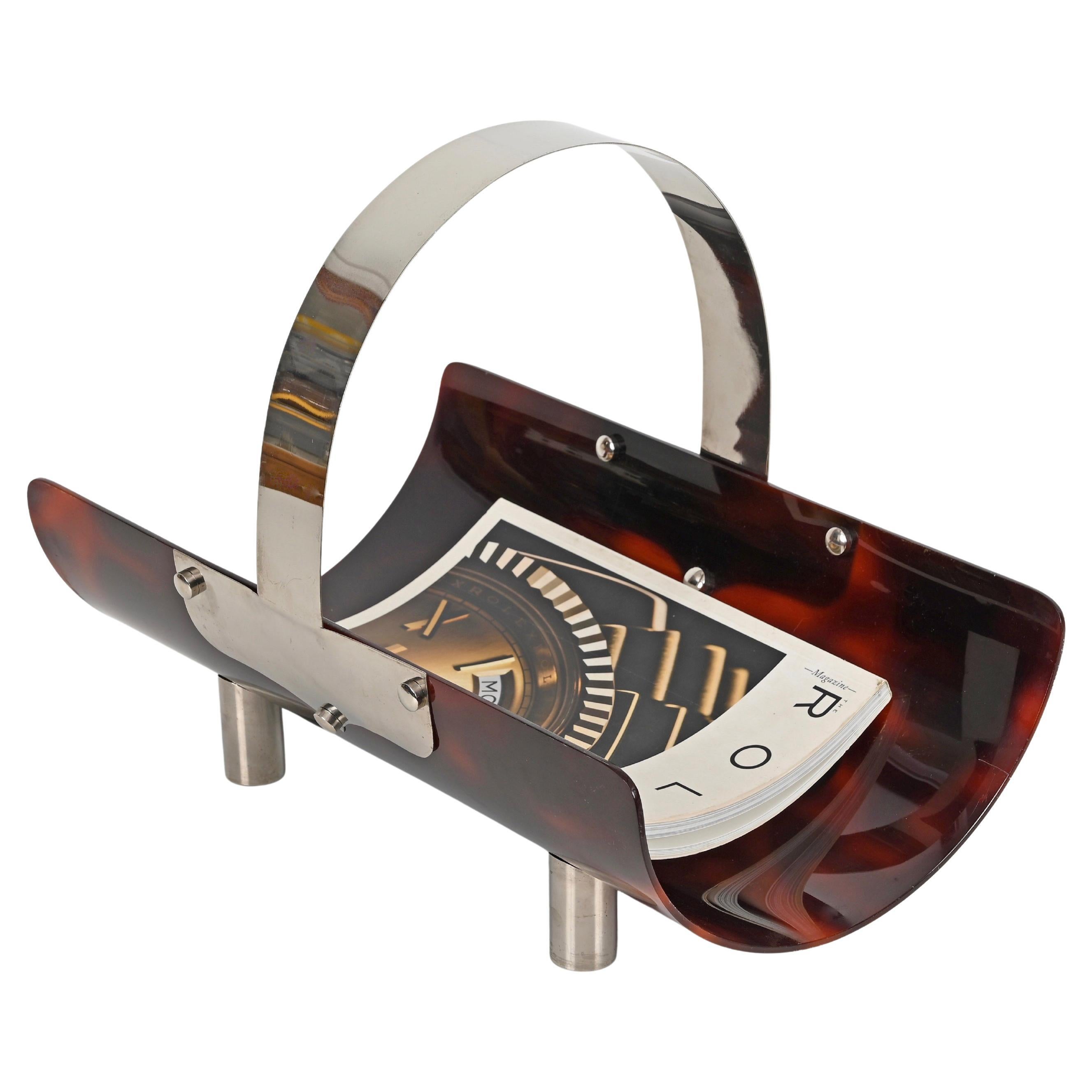 Dior Midcentury Magazine Rack in Tortoiseshell Lucite and Chrome, France 1970