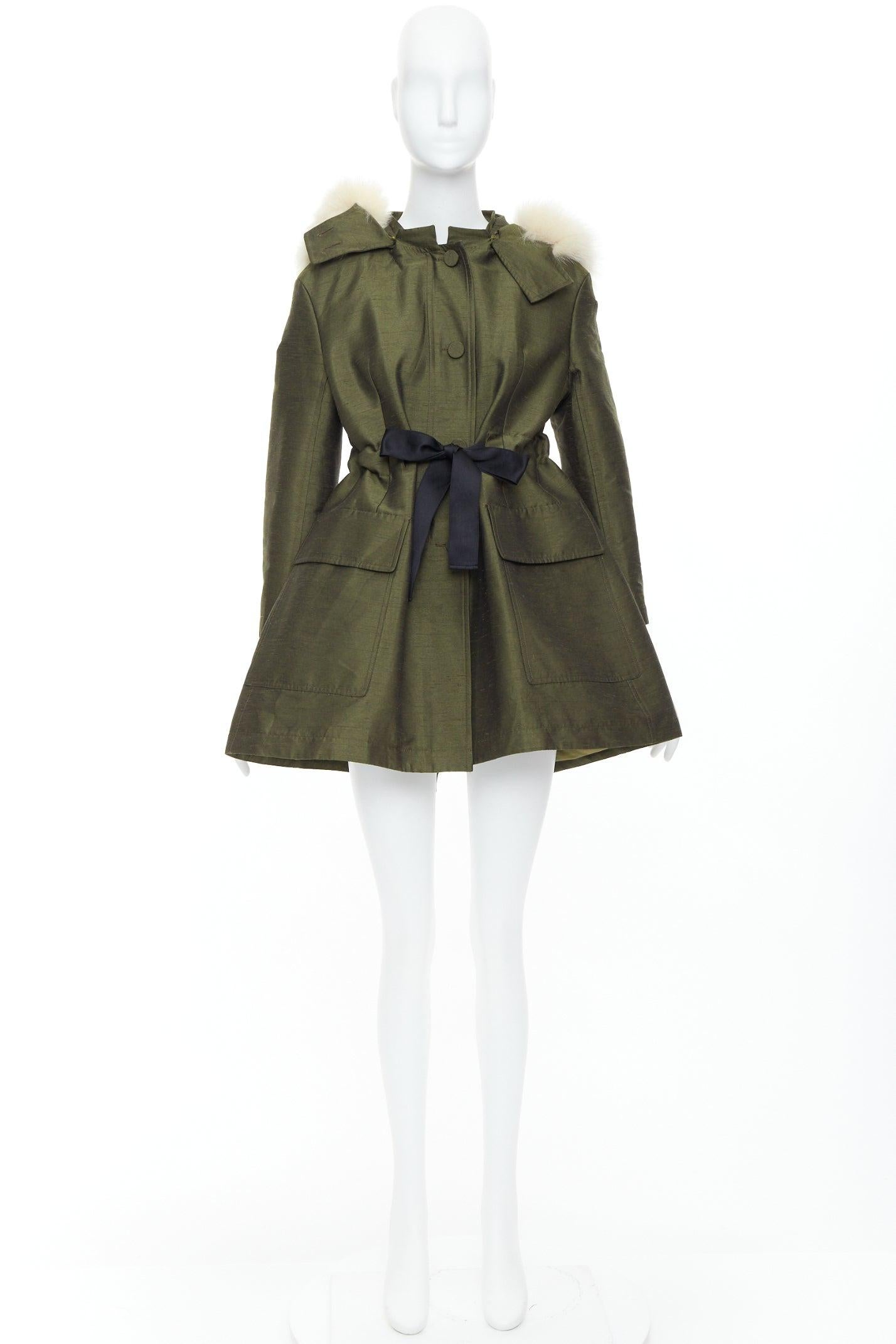 DIOR military green pocketed cream fur hood belted anorak coat FR34 XS For Sale 5