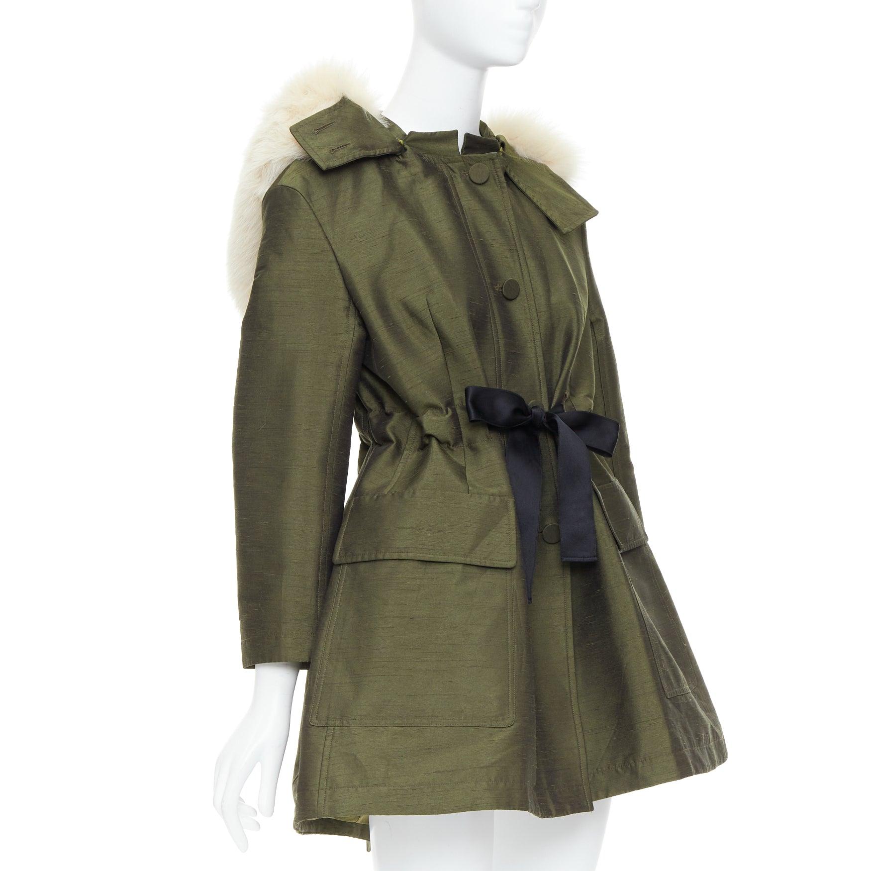 DIOR military green pocketed cream fur hood belted anorak coat FR34 XS In Excellent Condition For Sale In Hong Kong, NT