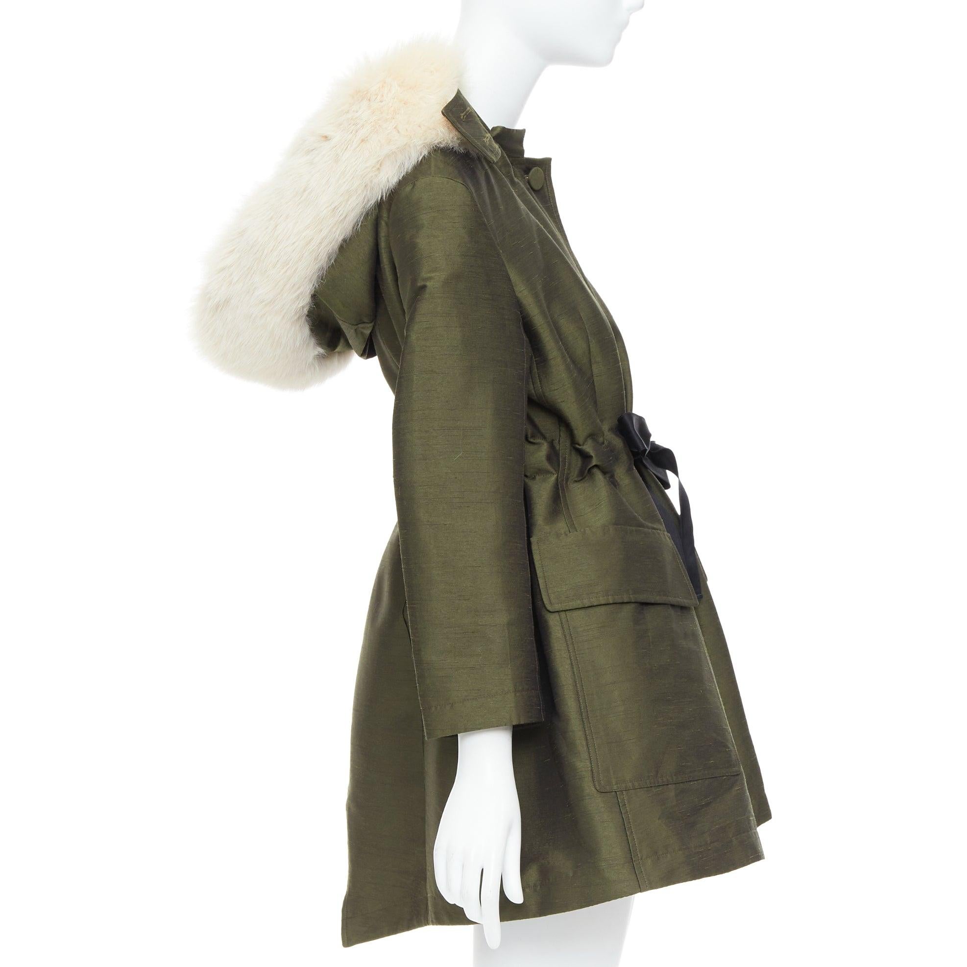 Women's DIOR military green pocketed cream fur hood belted anorak coat FR34 XS For Sale