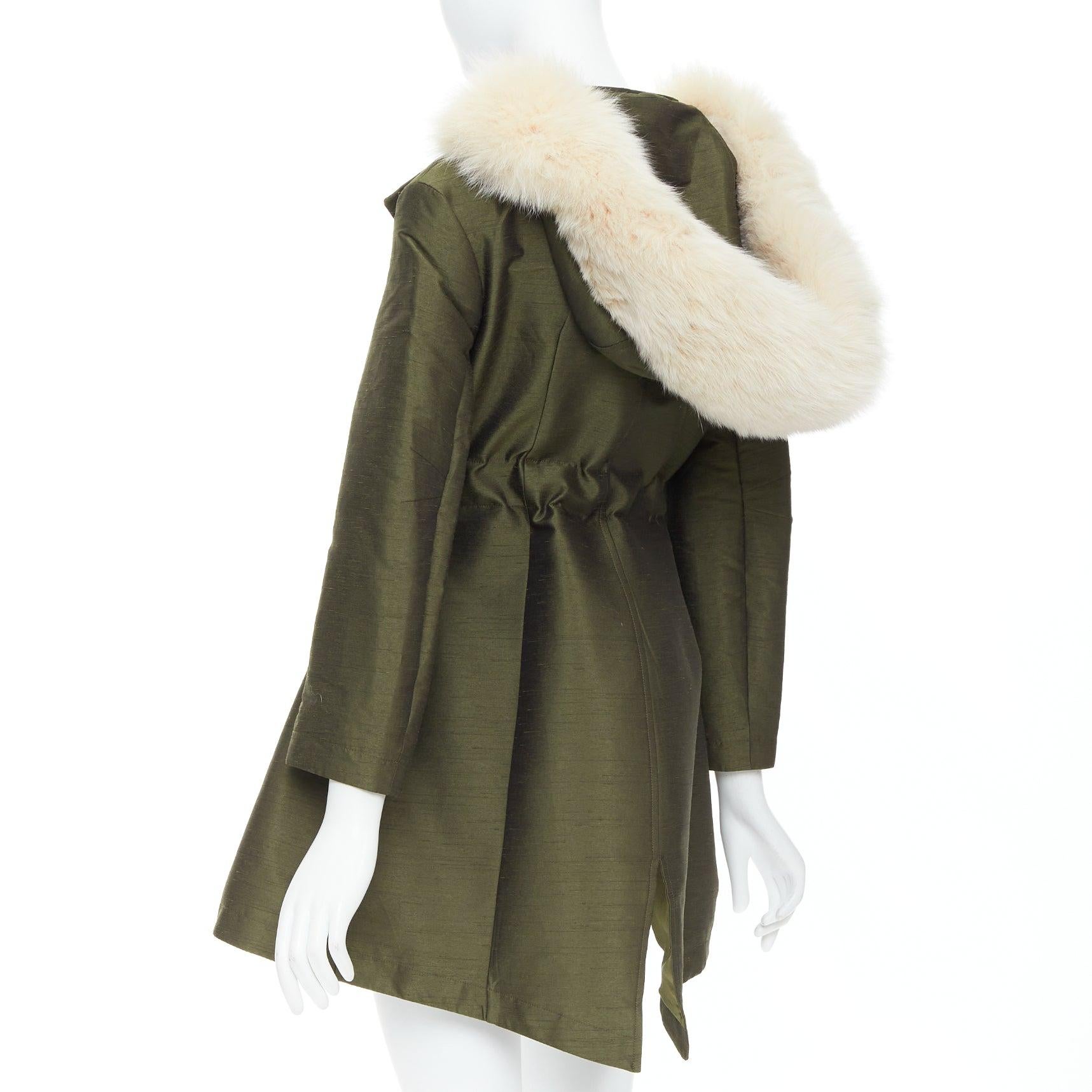 DIOR military green pocketed cream fur hood belted anorak coat FR34 XS For Sale 1