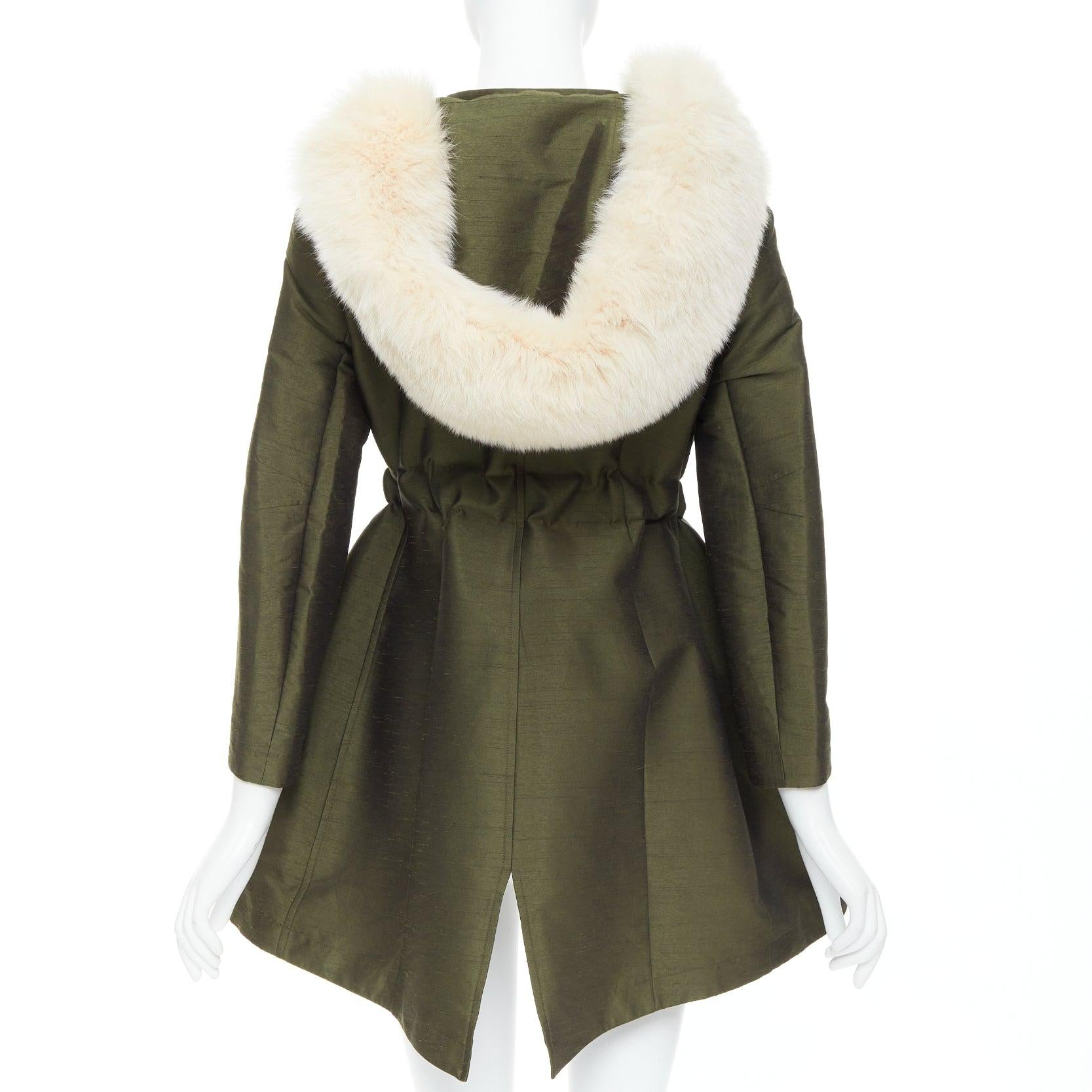 DIOR military green pocketed cream fur hood belted anorak coat FR34 XS For Sale 2