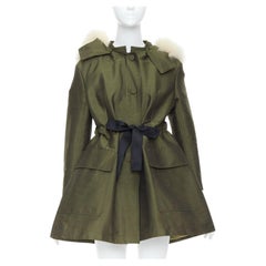 DIOR military green pocketed cream fur hood belted anorak coat FR34 XS