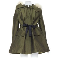 DIOR military green pocketed cream fur hood belted anorak coat FR34 XS