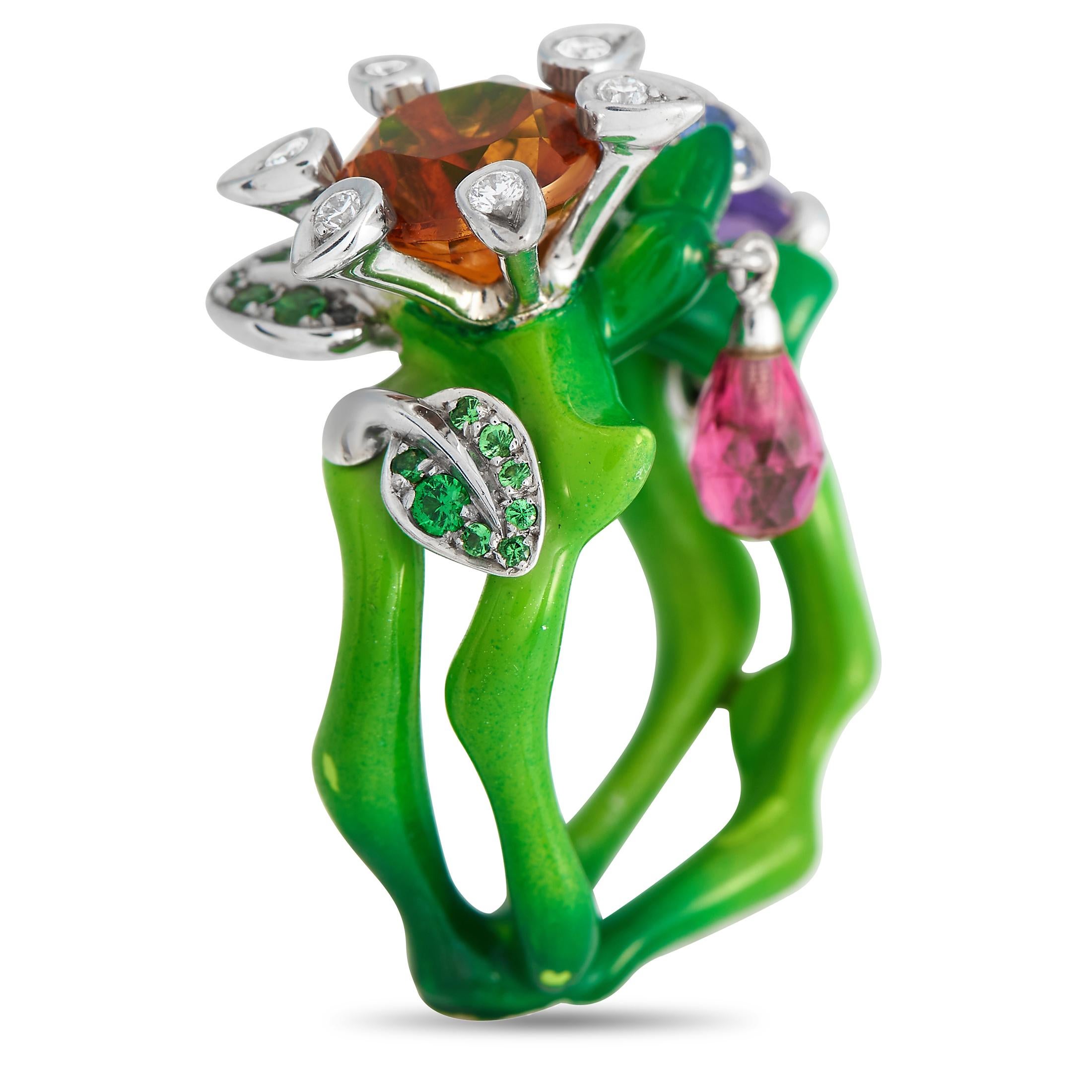 Dieses Schmuckstück aus der Milly Carnivora Collection von Dior ist von einem Garten inspiriert und verleiht jedem Ensemble einen außergewöhnlich eleganten Touch. Der Ring besteht aus 18 Karat Weißgold und ist mit einem weinroten Band mit