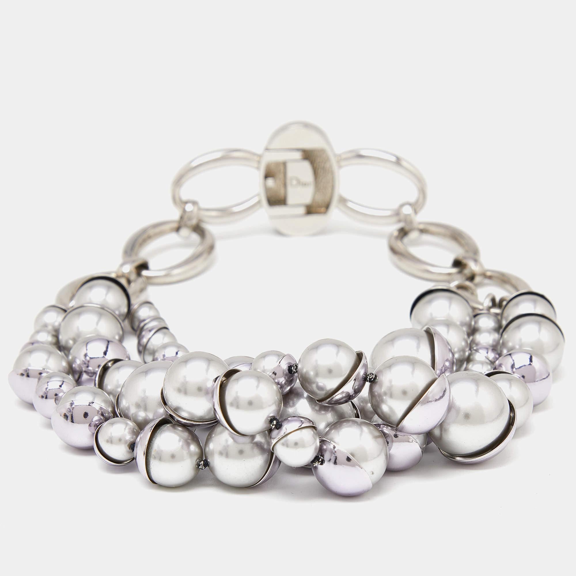 Uncut Dior Mise en Dior Grey Faux Pearl Silver Tone Necklace
