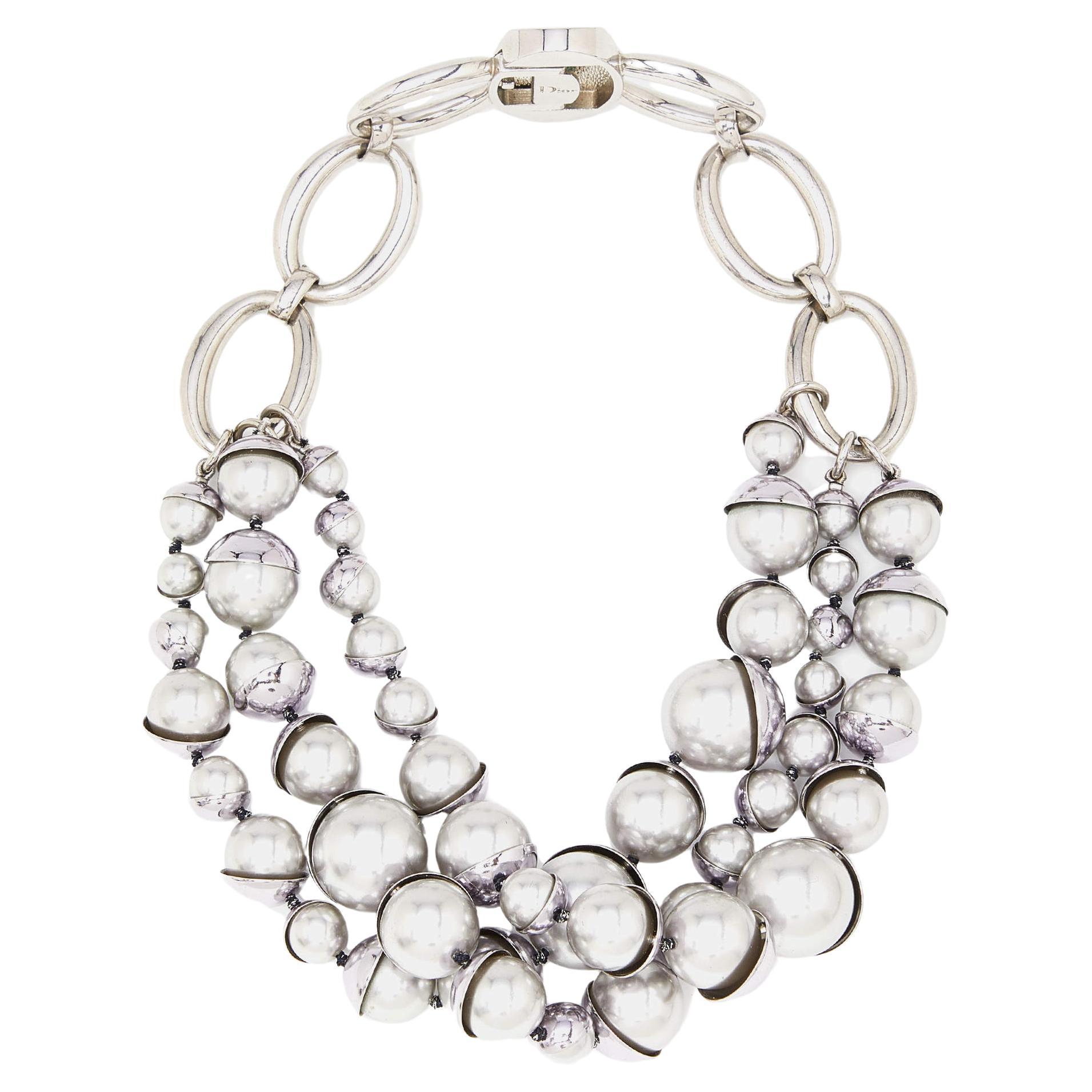 Dior Mise en Dior Grey Faux Pearl Silver Tone Necklace