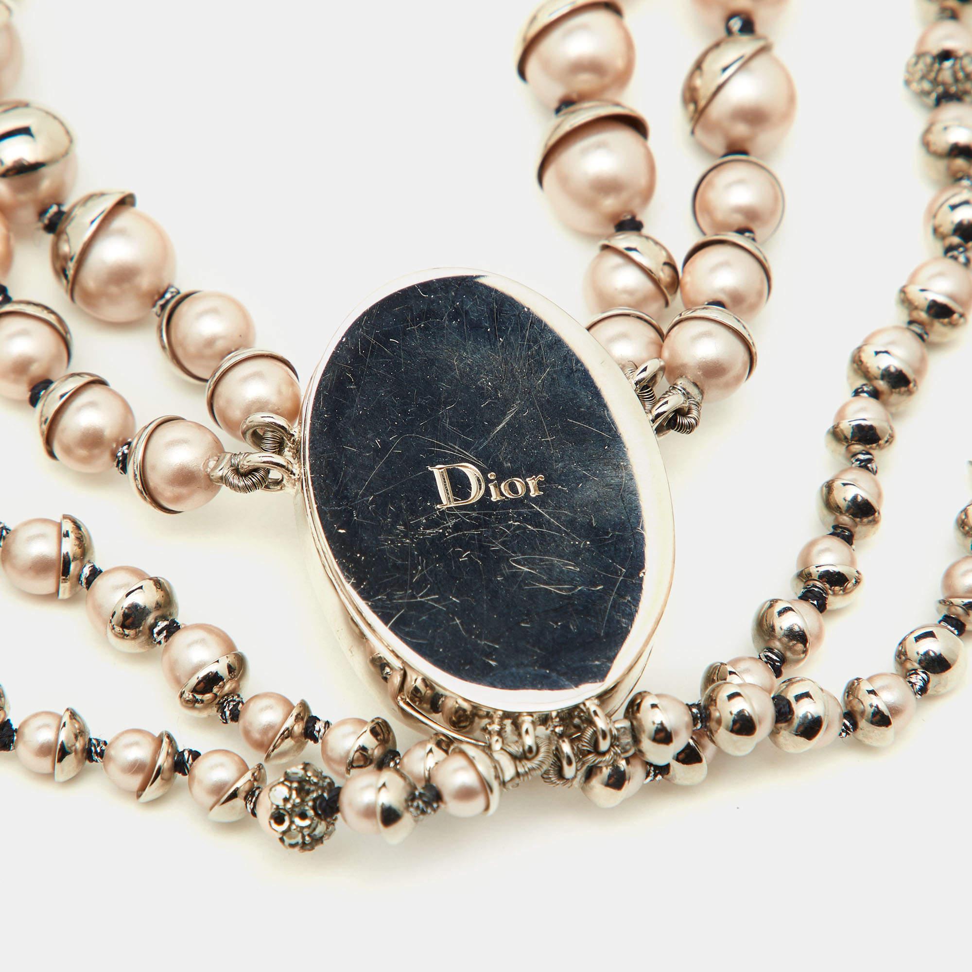 Uncut Dior Mise En Dior Pink Faux Pearl & Crystal Silver Tone Layered Necklace
