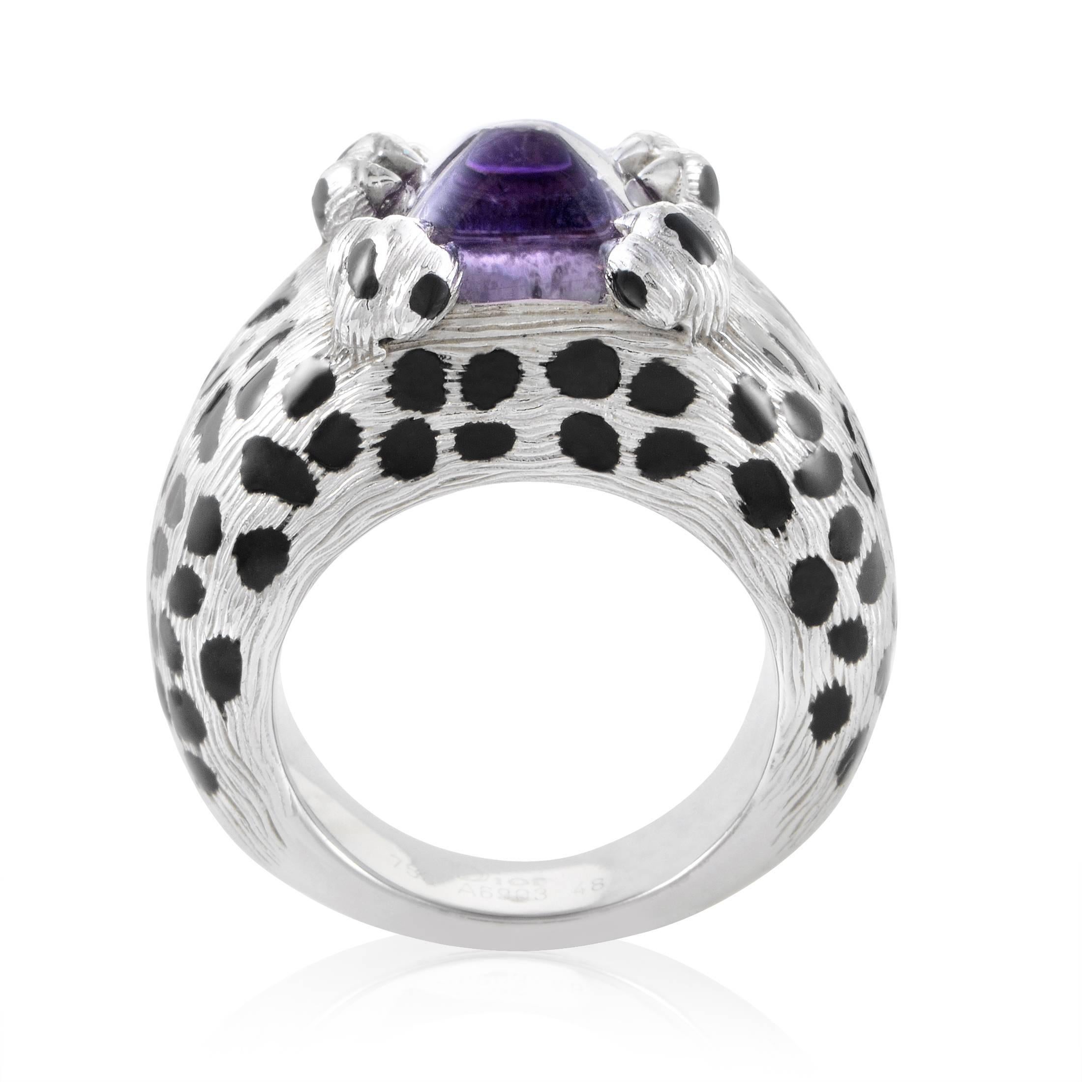 Boasting striking black enamel that creates a fascinating pattern against the intricately finished surface of 18K white gold, this stunning ring from Dior is topped off by a gorgeous amethyst for an enchanting look. Ring Top Dimensions: 20 x 12mm.