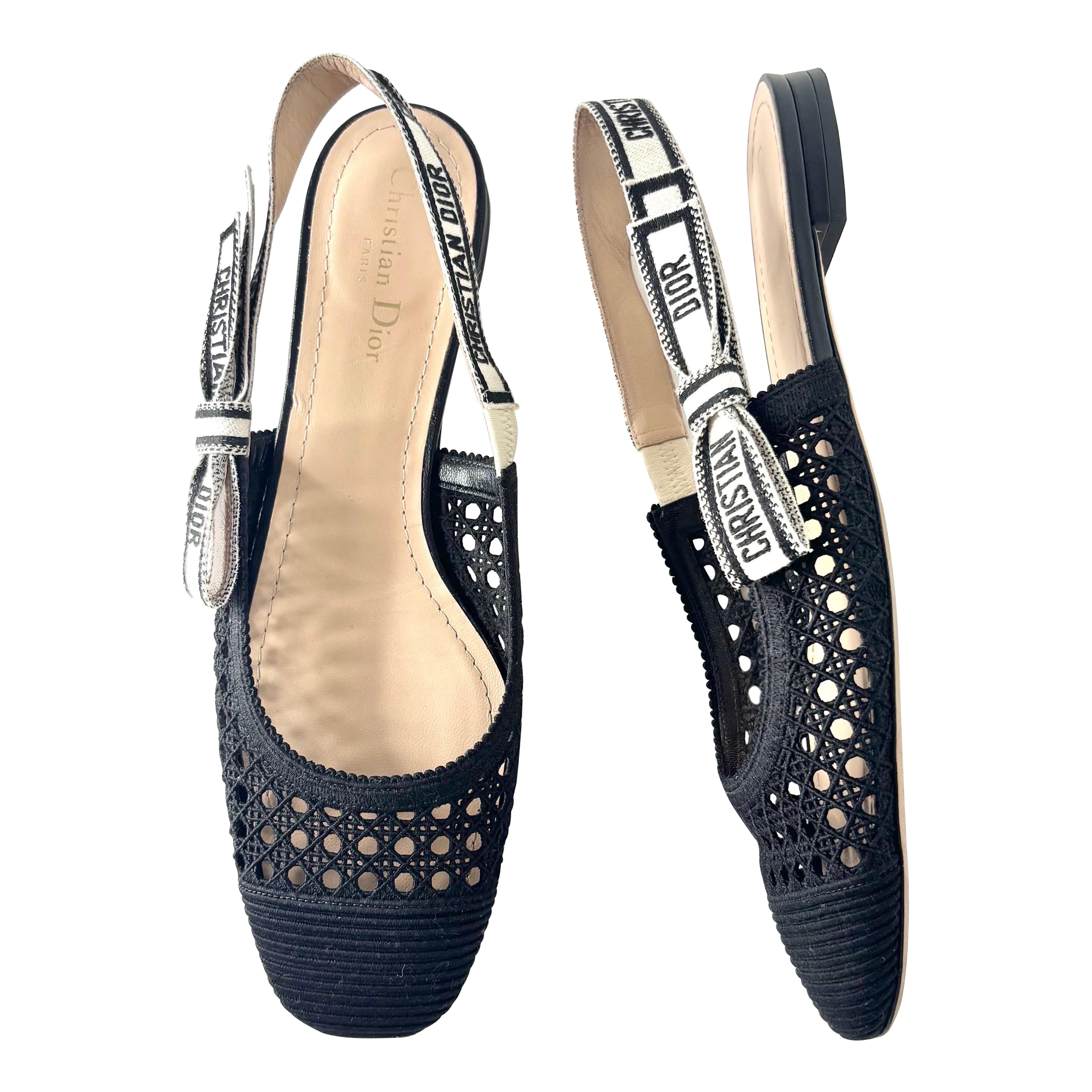 Dior & Moi Cannage Mesh Black Slingback Flats Sandals 41