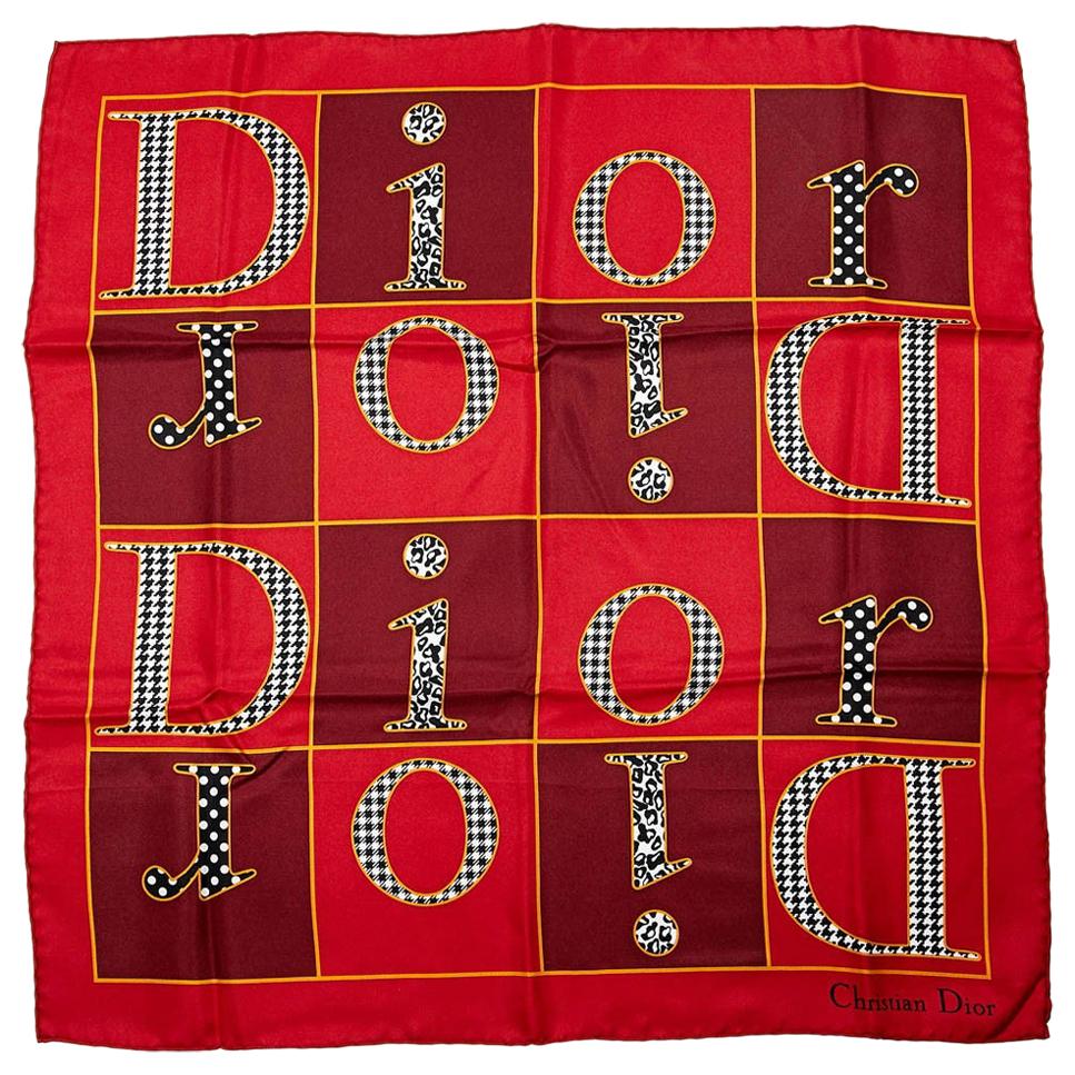 Dior Monogram Logo Silk Small Square Red Scarf Gavroche