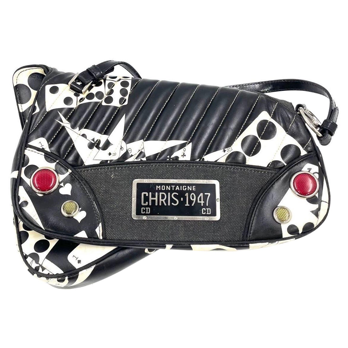Dior Montaigne Chris 1947 Black Leather Cadillac Poker Print Bejeweled Shoulder For Sale