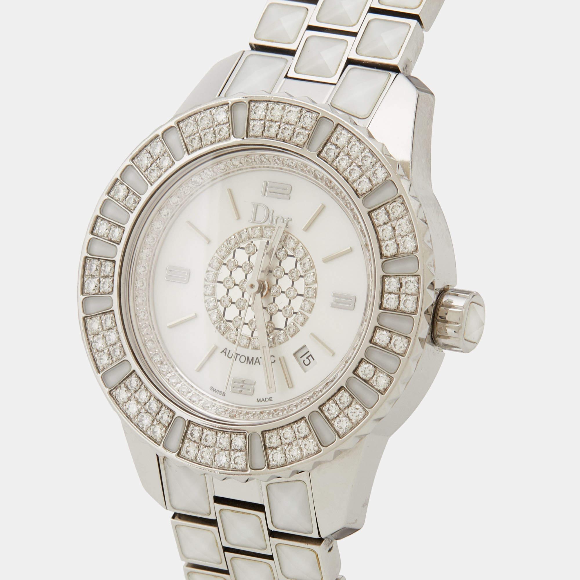 Dior Mother Of Pearl Diamonds Stainless Steel Christal Women's Wristwatch 33 mm For Sale 1