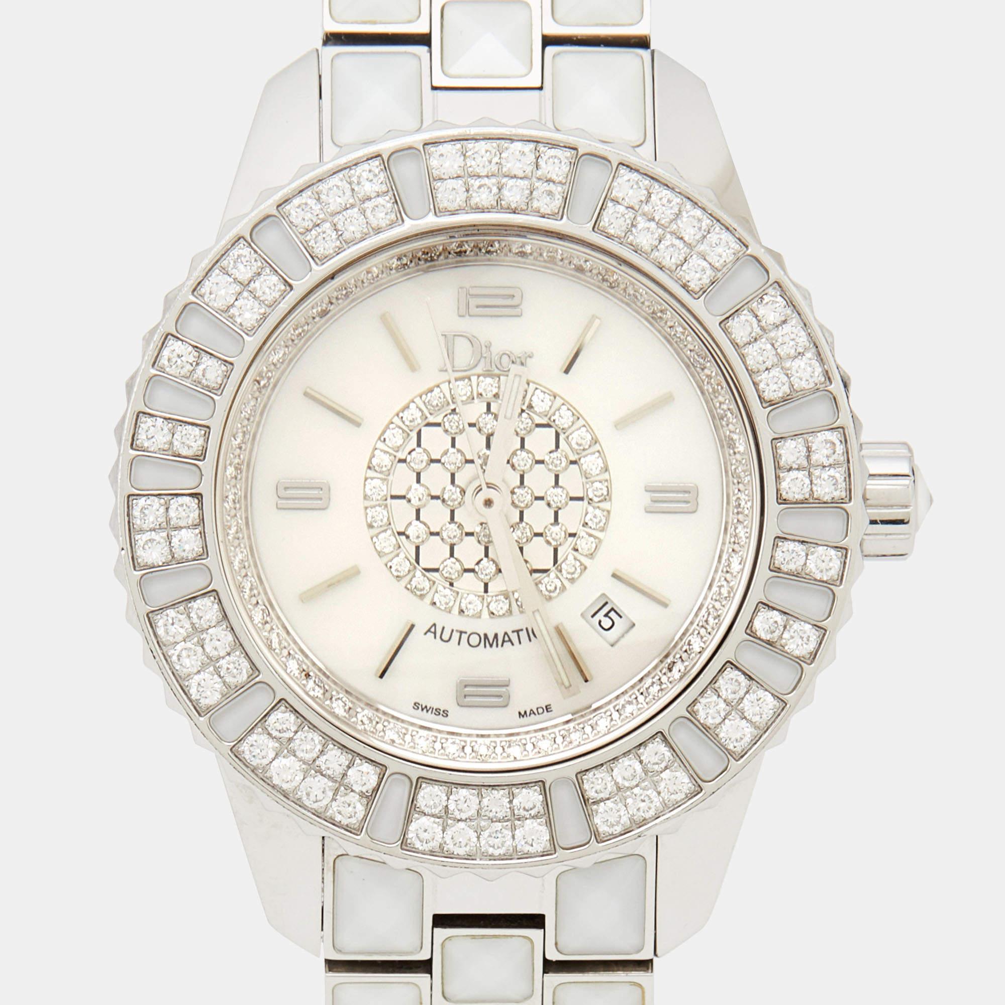 Dior Mother Of Pearl Diamonds Stainless Steel Christal Women's Wristwatch 33 mm For Sale 2