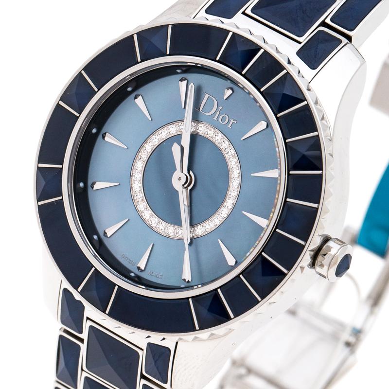 Here's a timepiece which will not only assist you with the correct time but also elevate your style quotient. This Dior watch is from their Christal collection, and it is Swiss made. It is made from stainless steel and accented with shell all over