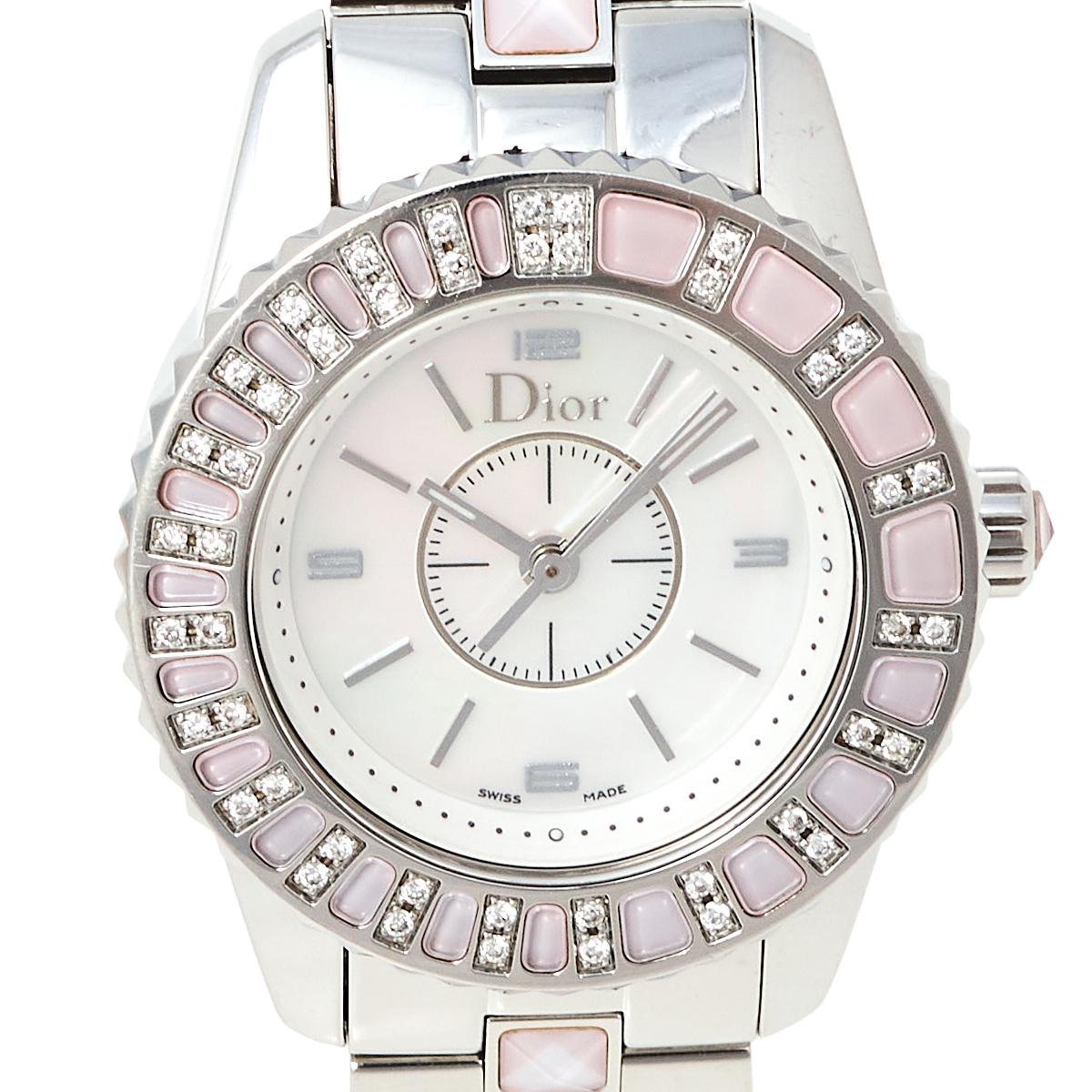 Dior Mother of Pearl Stainless Steel Christal Women's Wristwatch 28 mm In Good Condition In Dubai, Al Qouz 2
