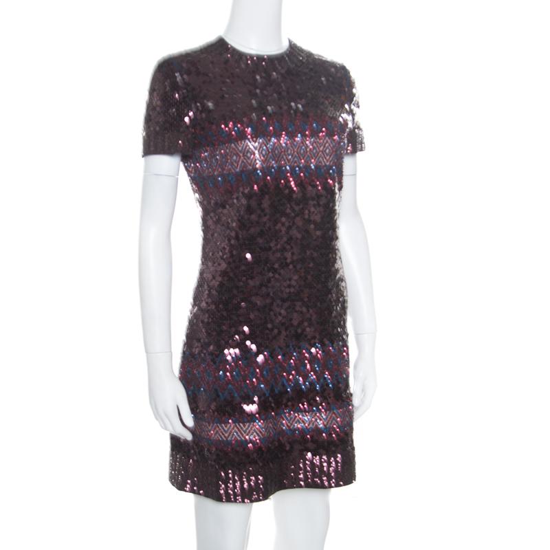 Black Dior Multicolor Aztec Sequin Embellished Short Sleeve Dress S