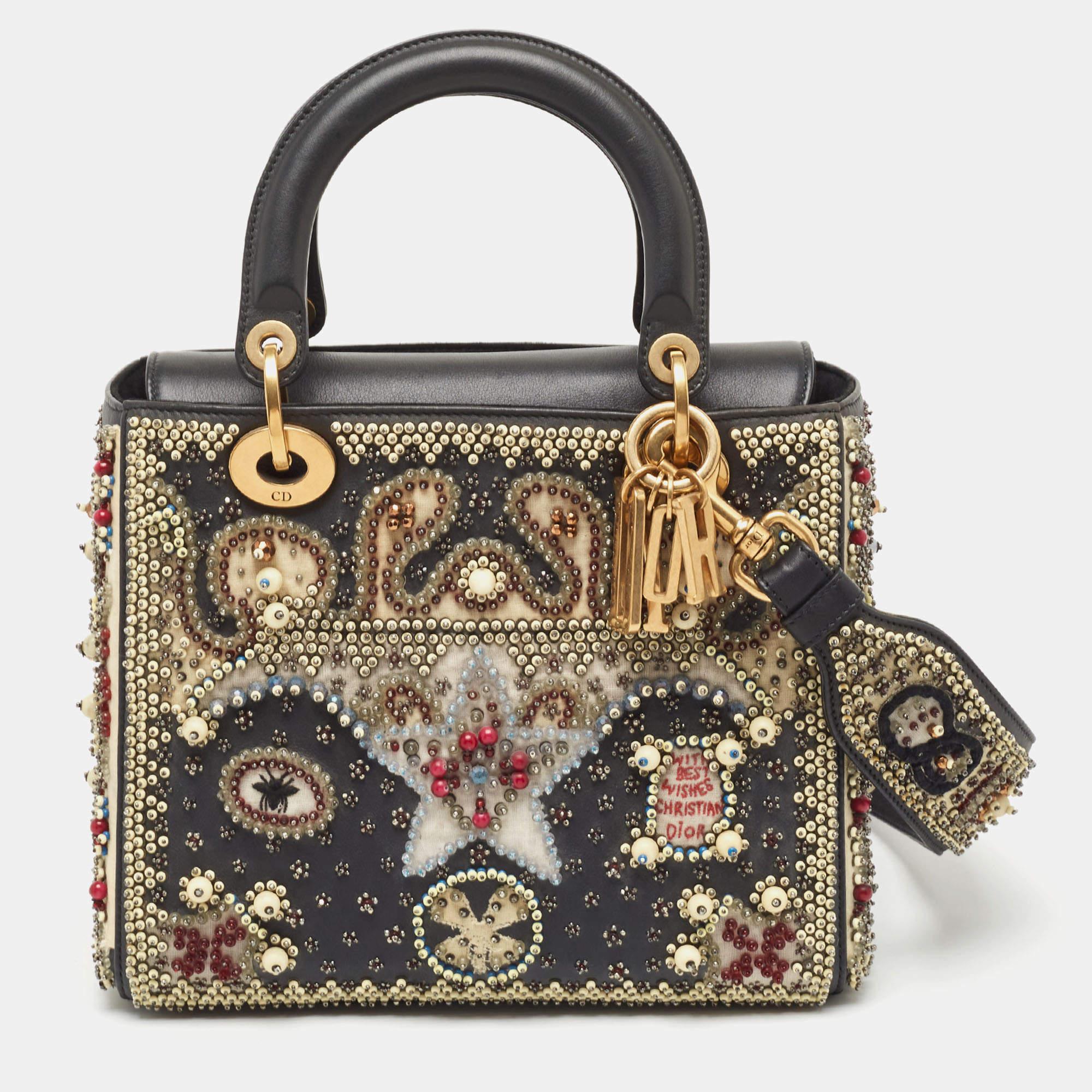 Dior Multicolor Beaded Leather and Fabric Medium Lady Dior Tote 10