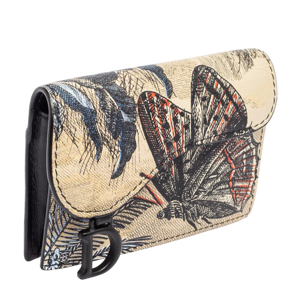 Beige Dior - Porte-cartes de selle en cuir imprimé papillon multicolore