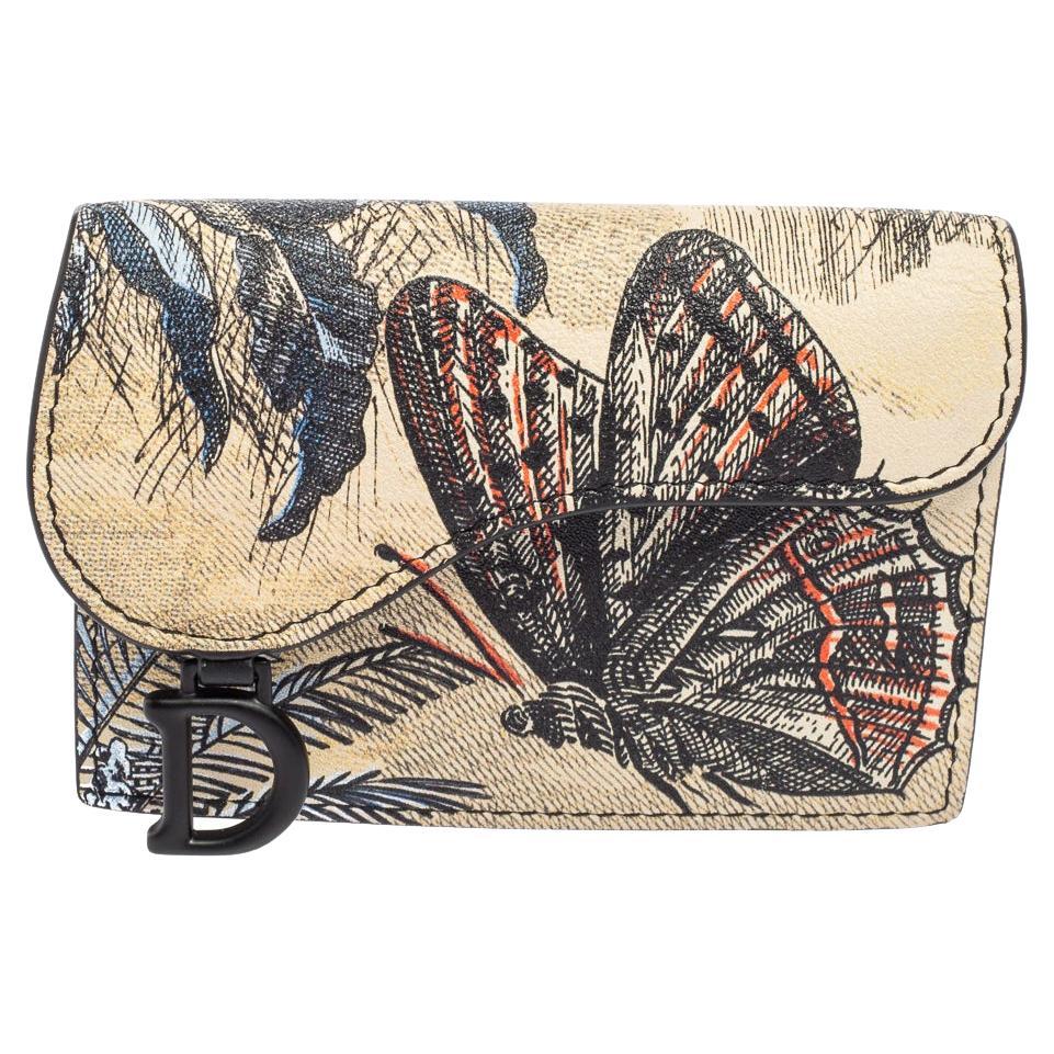 Dior Multicolor Butterfly Print Leather Saddle Card Holder