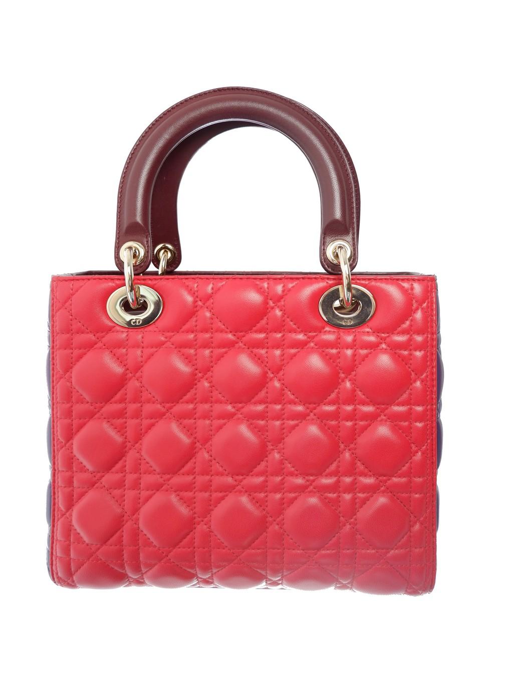 Red and purple quilted pattern embroided lambskin leather Christian Dior multicolor Cannage medium tote bag features leather and dangling Dior letter charms comes with silver-tone hardware, double flat leather top handles and a removable long