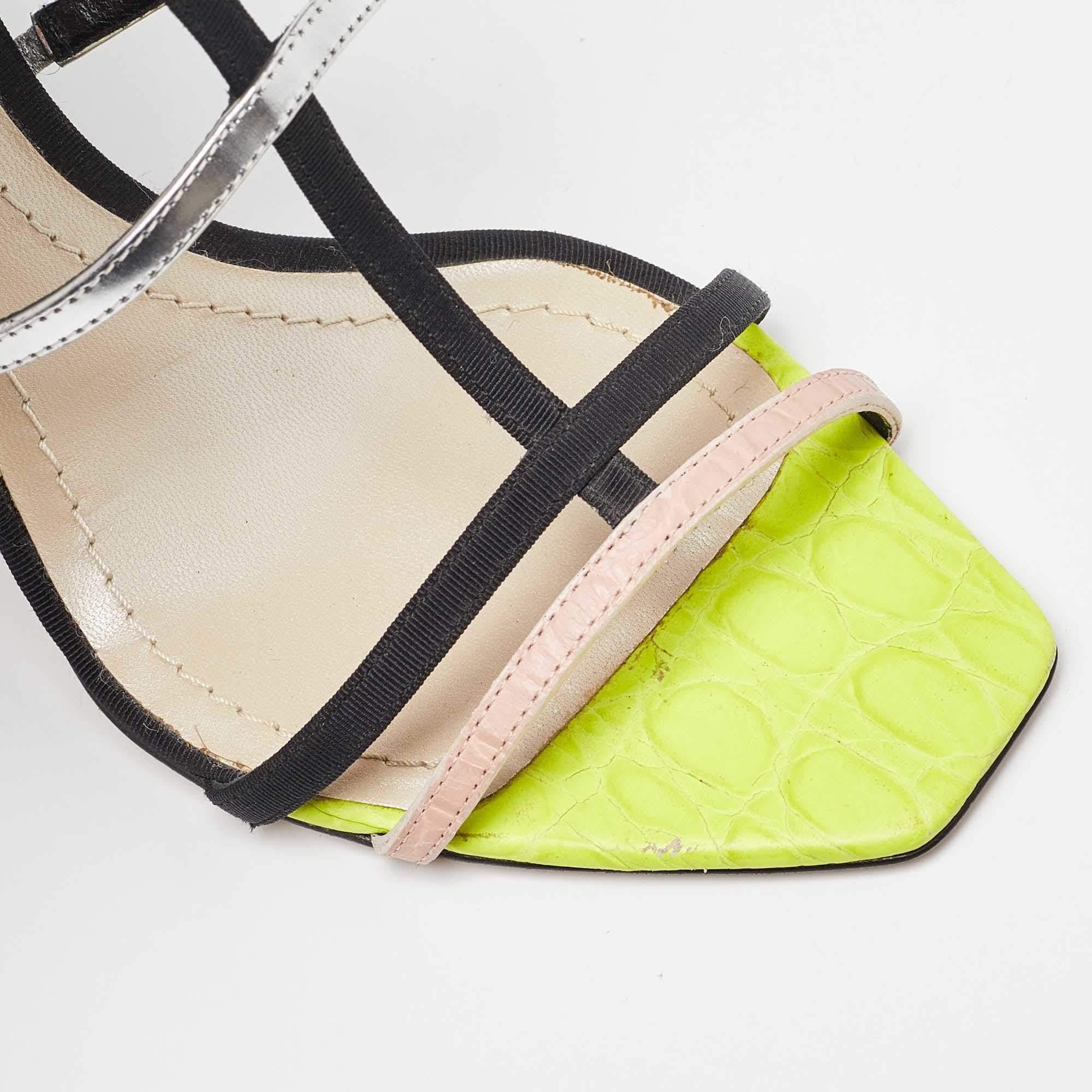 Dior Multicolor Croc Embossed Leather and Canvas Strappy Ankle Strap Sandals Siz For Sale 2