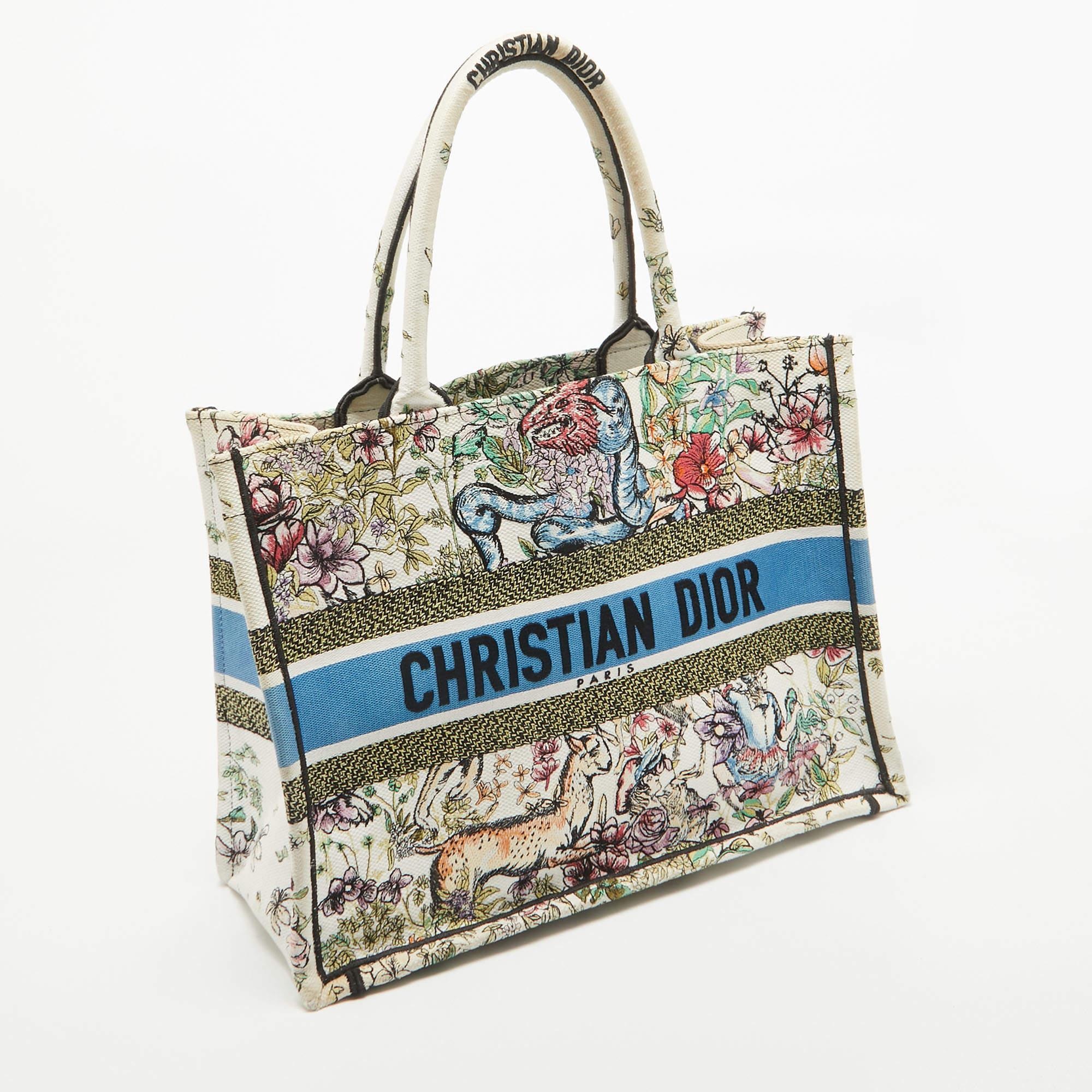 Gray Dior Multicolor Embroidered Canvas Medium Book Tote