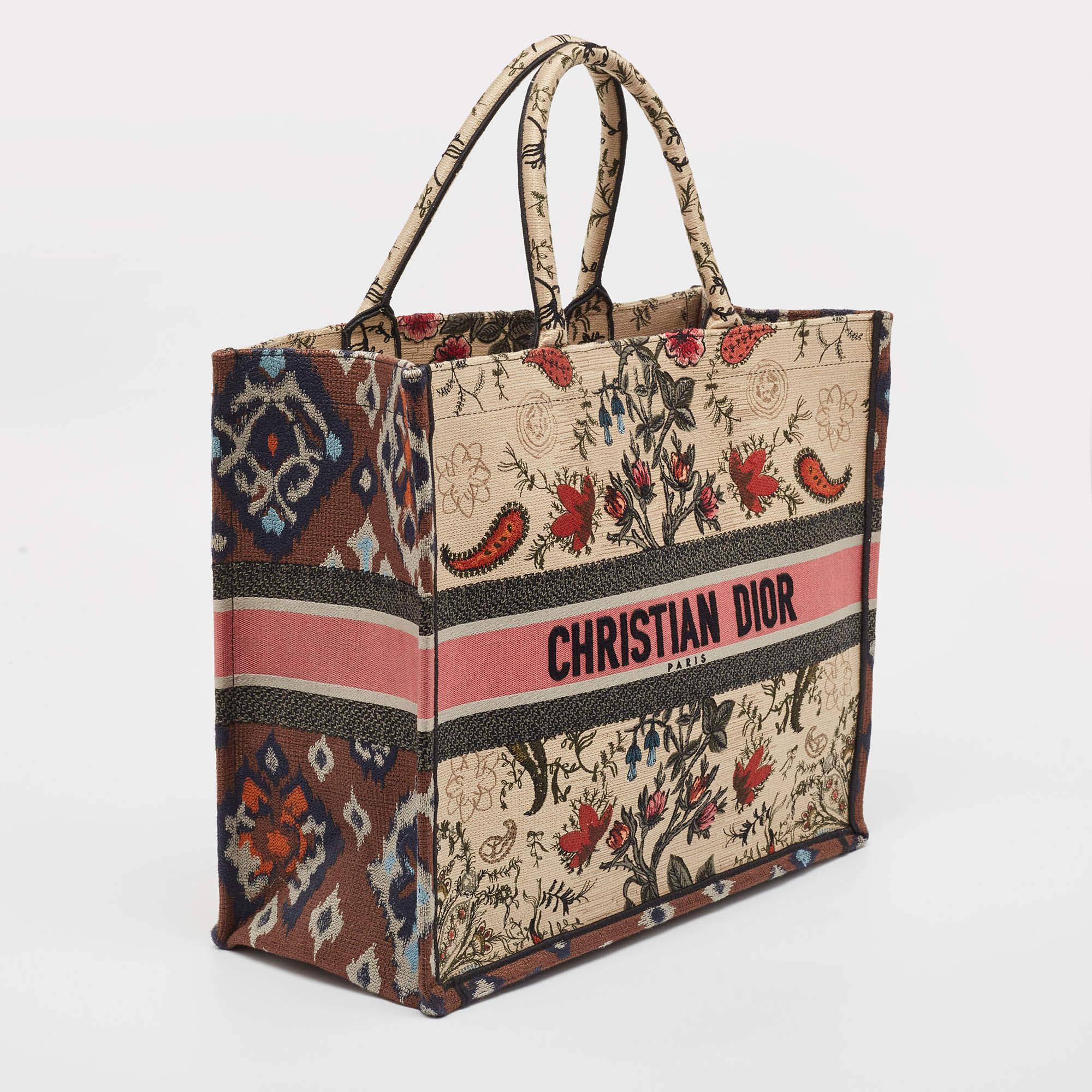 Brown Dior Multicolor Floral Embroidered Canvas Large Book Tote