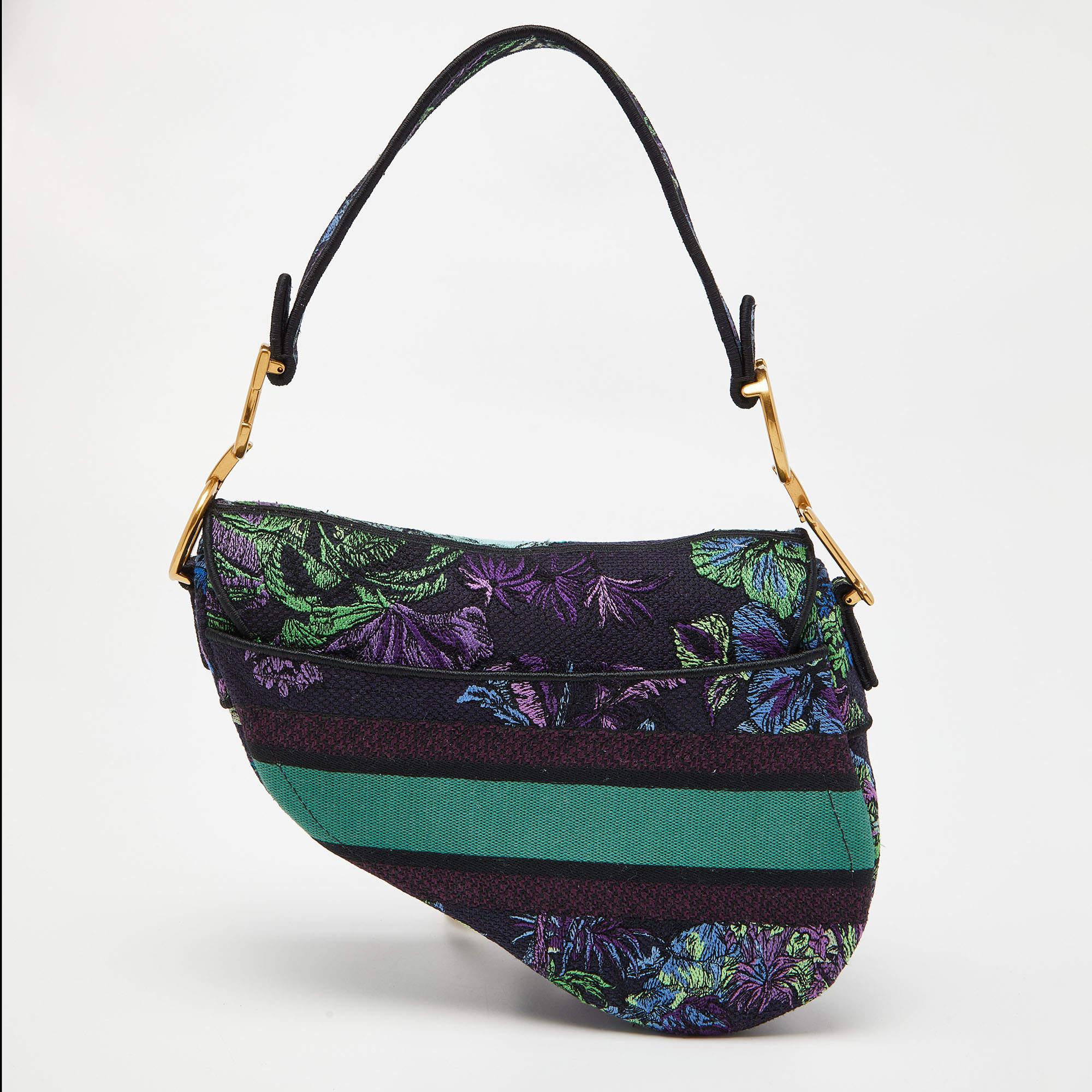Black Dior Multicolor Floral Embroidered Canvas Saddle Bag