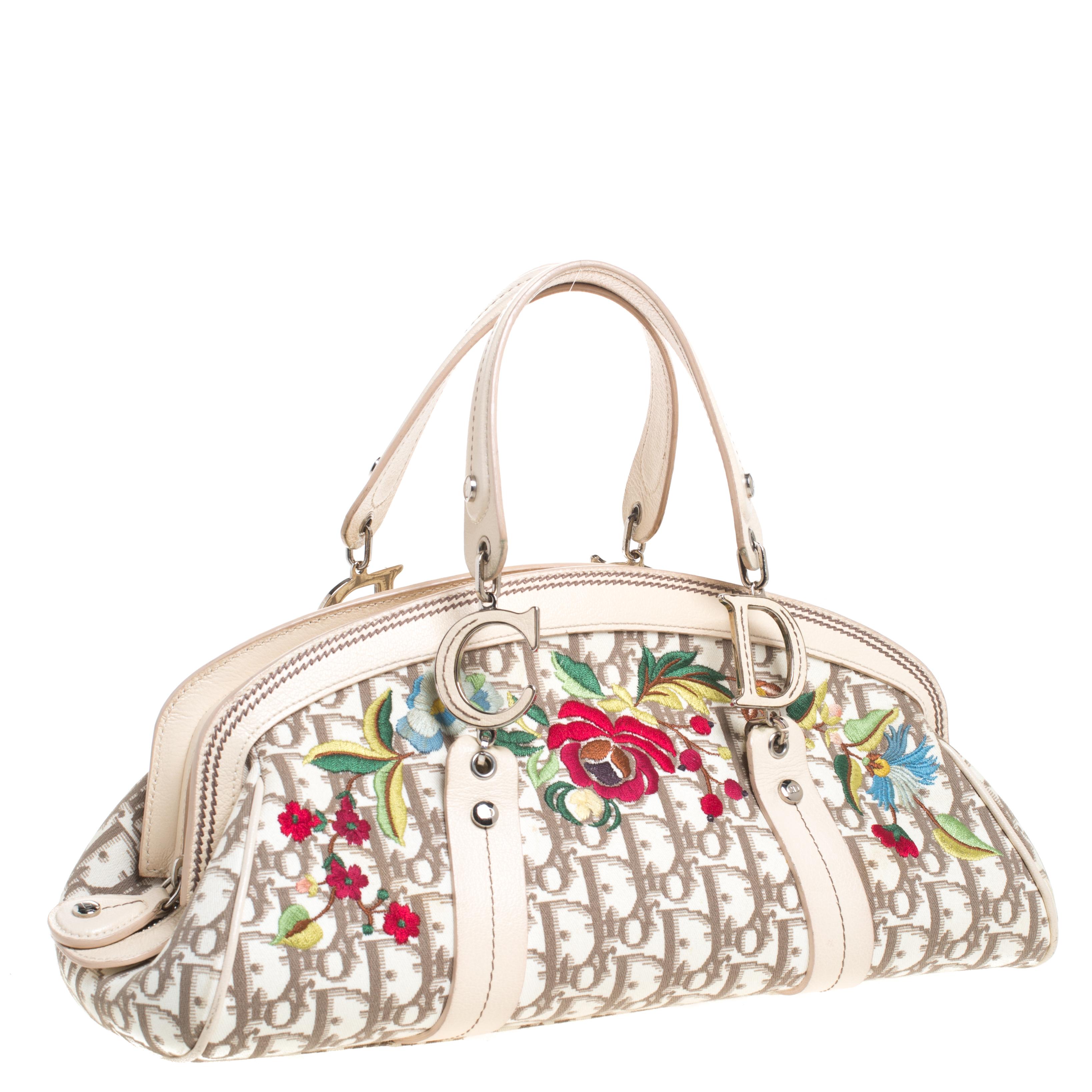 Women's Dior Multicolor Floral Embroidered Diorissimo Fabric and Leather Frame Satchel