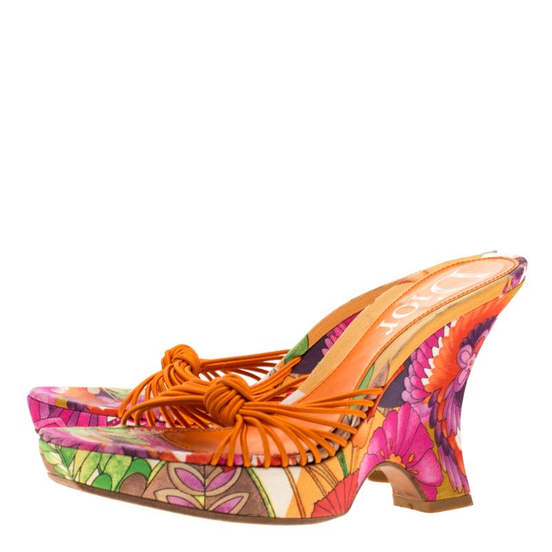Dior Multicolor Floral Print Stoff Keil Plateau Slide Sandalen Größe 36,5 (Orange)