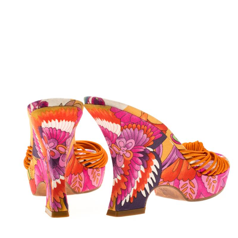 Orange Dior Multicolor Floral Print Fabric Wedge Platform Slide Sandals Size 36.5