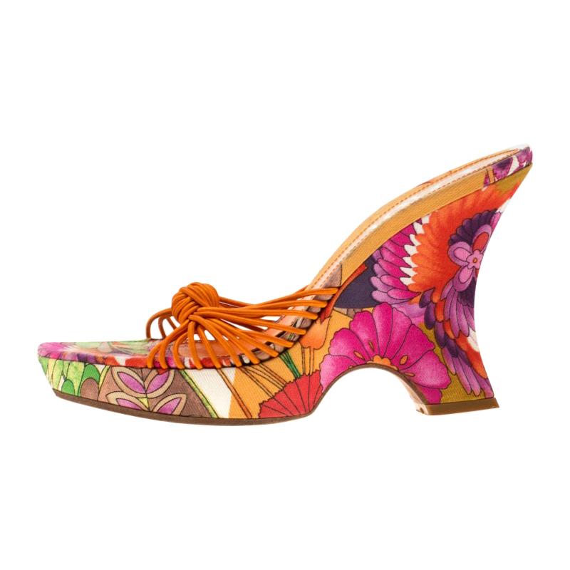 Dior Multicolor Floral Print Fabric Wedge Platform Slide Sandals Size 36.5