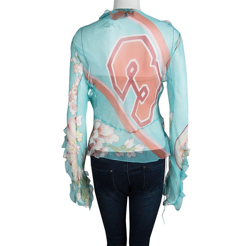 Blue Dior Multicolor Floral Printed Long Sleeve Sheer Chiffon Blouse L