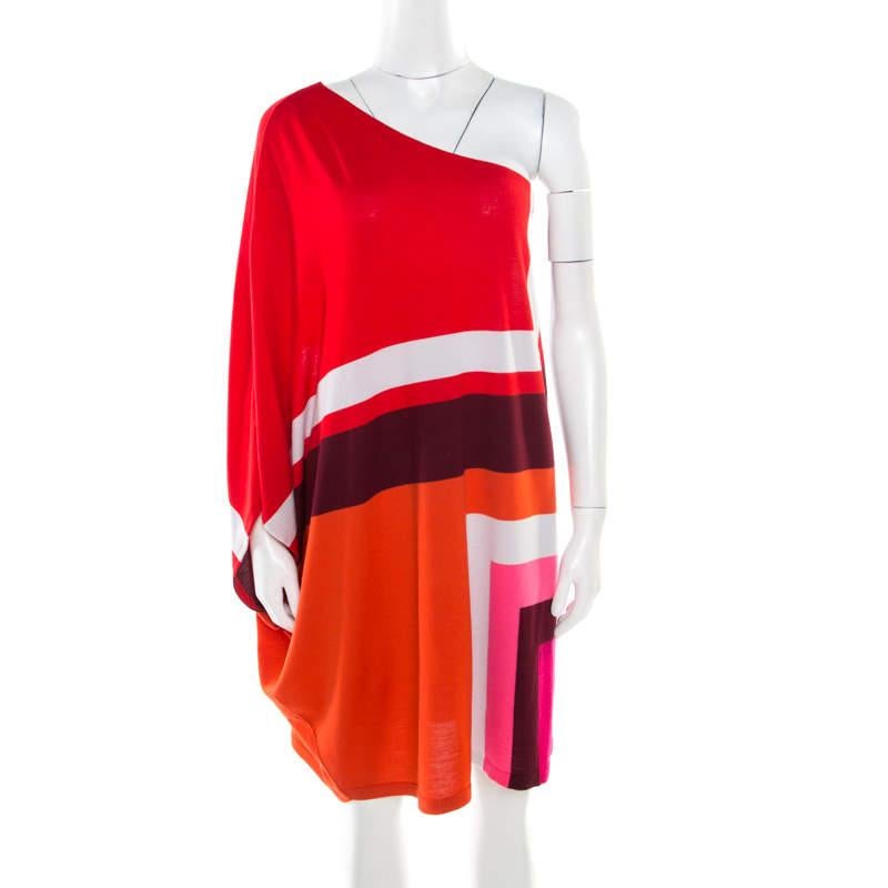 Dior Multicolor Geometric Pattern Wool One Shoulder Mini Dress S For Sale 1