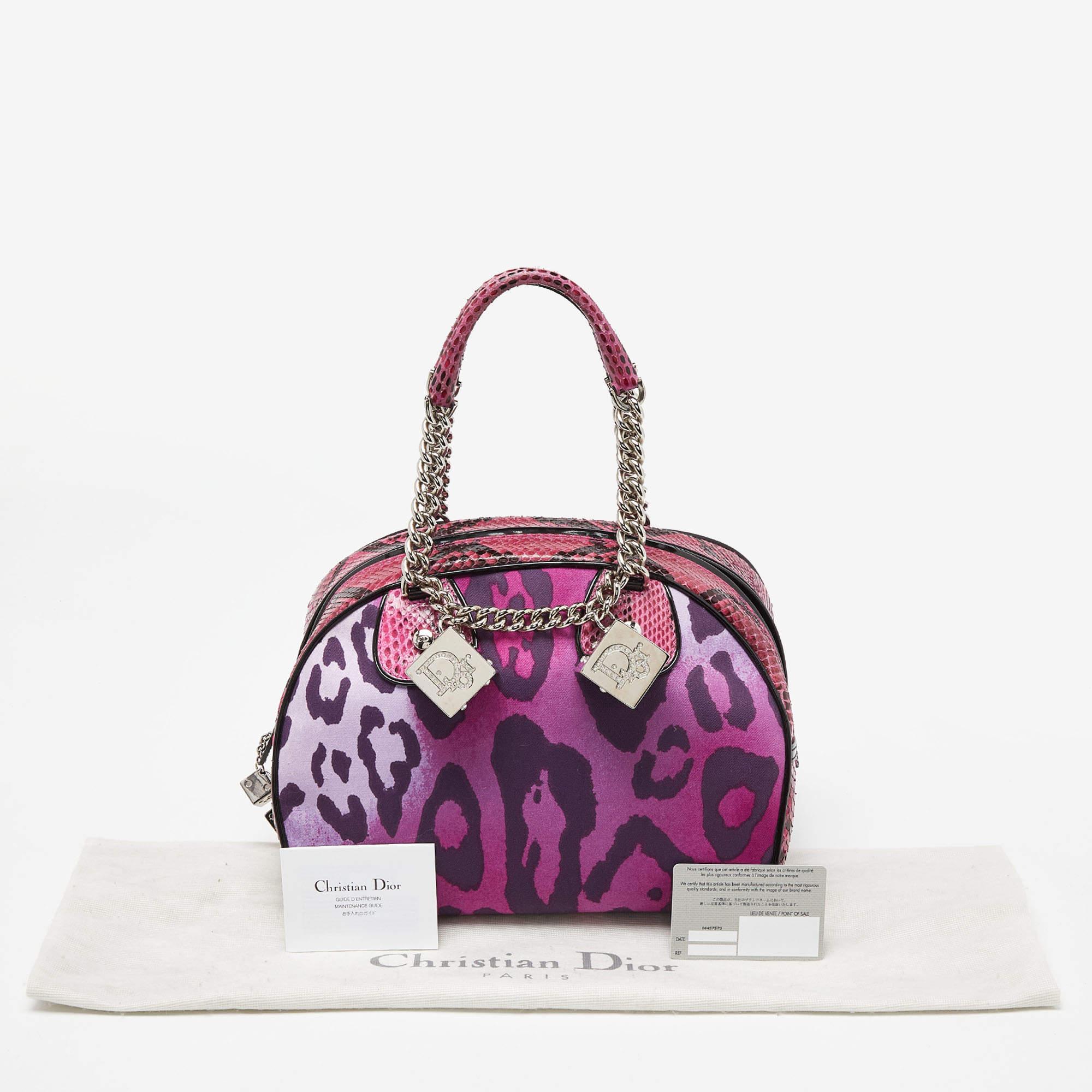 Dior Multicolor Leopard Print Fabric, Python and Patent Leather Gambler Dice Bag For Sale 8
